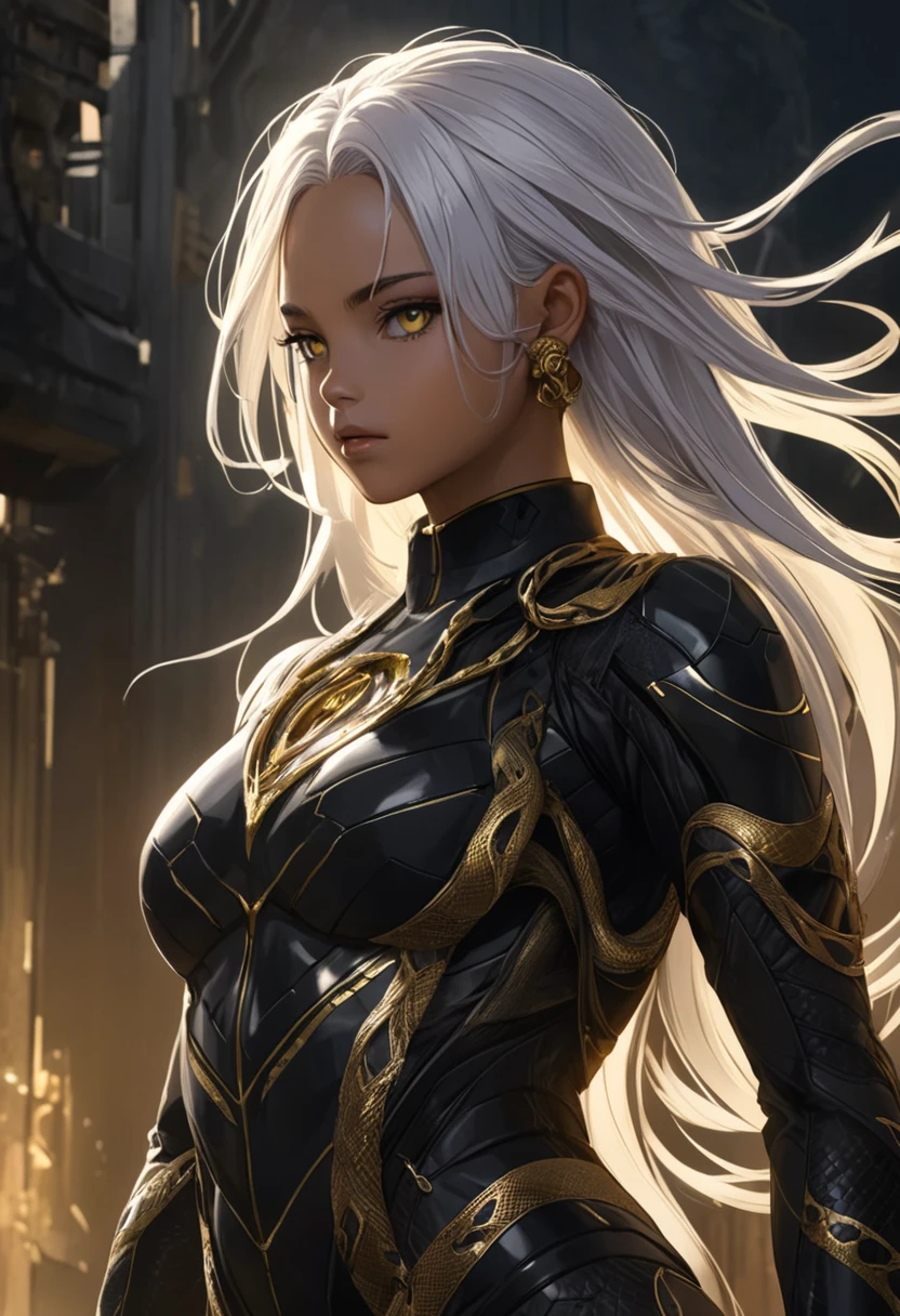 A with pure white straight hair, Dark Skin, Latin ancestors, Purple Iris, Wearing a black tactical suit with gold thread、She wears gold earrings in the shape of snakes. Detailed eyes, Detailed face, Complex grunge costumes, Cinema Lighting, Realistic concept art with strong backlighting,Elf耳,Elf