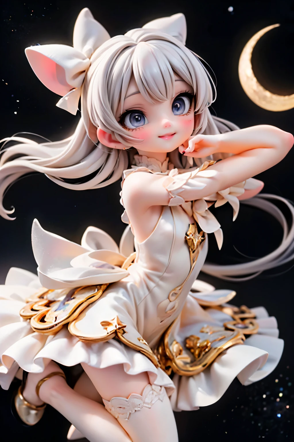 In a whimsical, surrealist-inspired scene, a ite cherub with bright, sparkling eyes and intense makeup holds a shining five-pointed star aloft. Her white hair is styled with colorful hairbows, and she wears an enchanting moon-themed dress, complete with white hosiery and patent leather pumps adorned with sparkling stars. From a low angle, the camera captures her dynamic pose against a backdrop of twinkling night sky, as if rising from the stars themselves.
