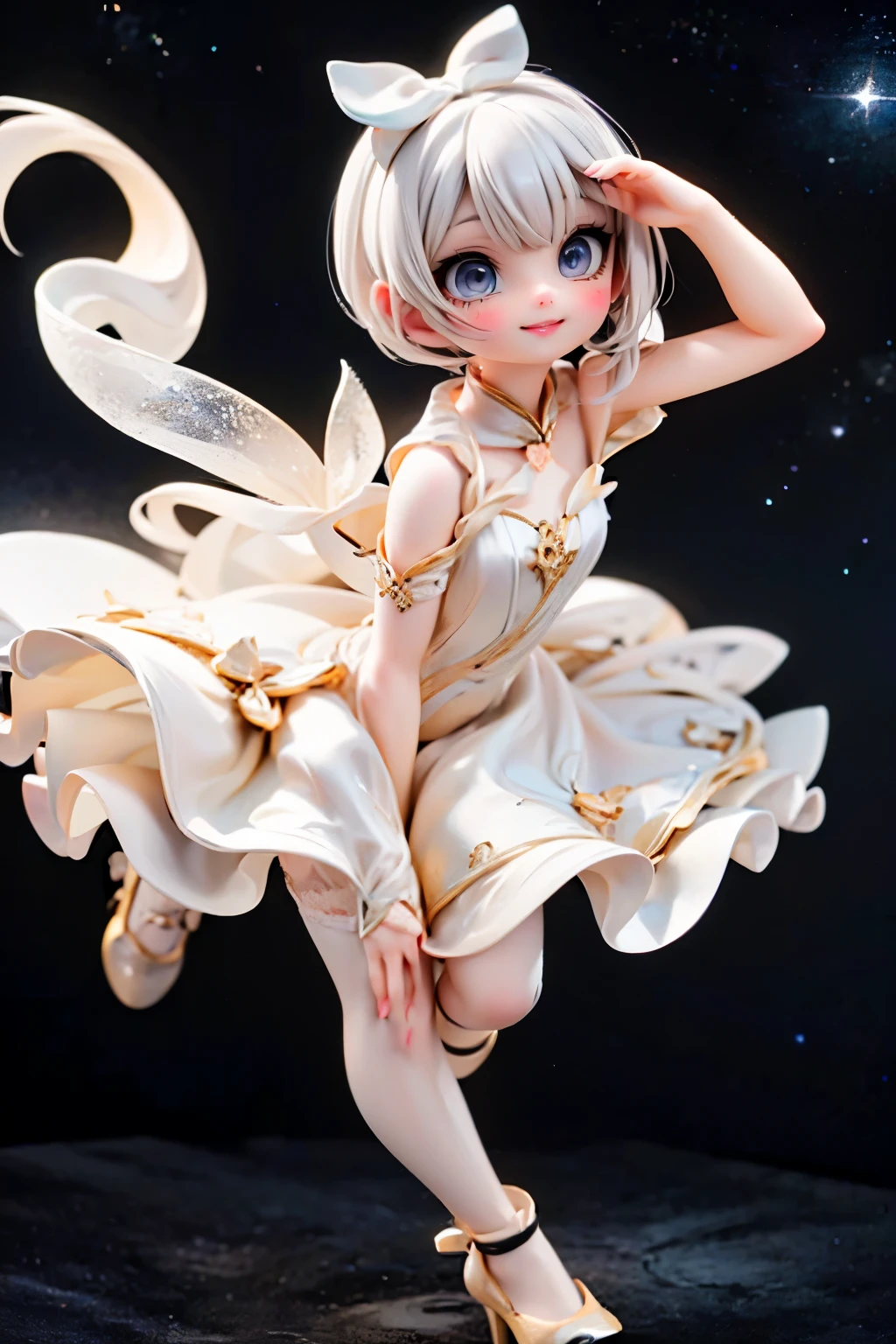 In a whimsical, surrealist-inspired scene, a petite cherub with bright, sparkling eyes and intense makeup holds a shining five-pointed star aloft. Her white hair is styled with colorful hairbows, and she wears an enchanting moon-themed dress, complete with white hosiery and patent leather pumps adorned with sparkling stars. From a low angle, the camera captures her dynamic pose against a backdrop of twinkling night sky, as if rising from the stars themselves.