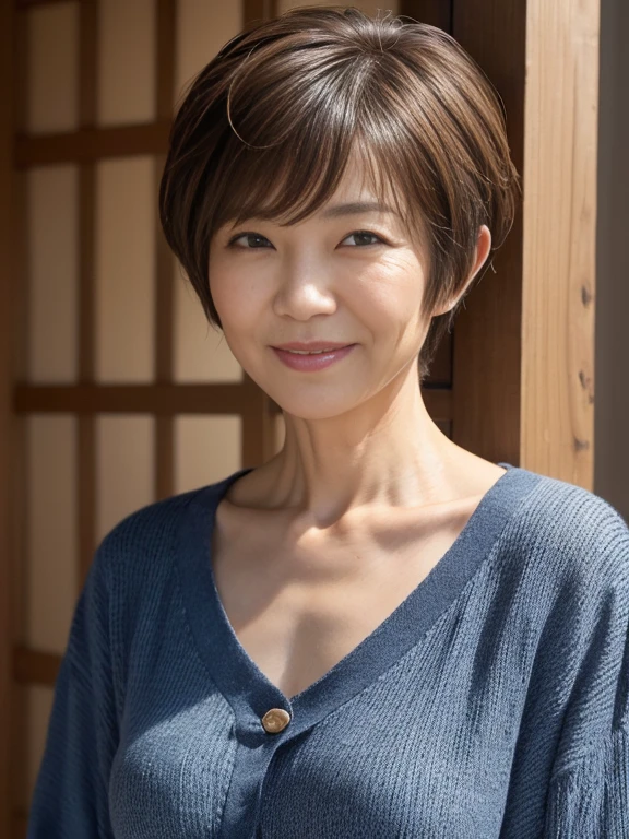 48 years old　Big Breasts　woman　A kind smile　Big eyes　Front teeth　Short Bob Hair　Japanese　classmate　Saggy breasts