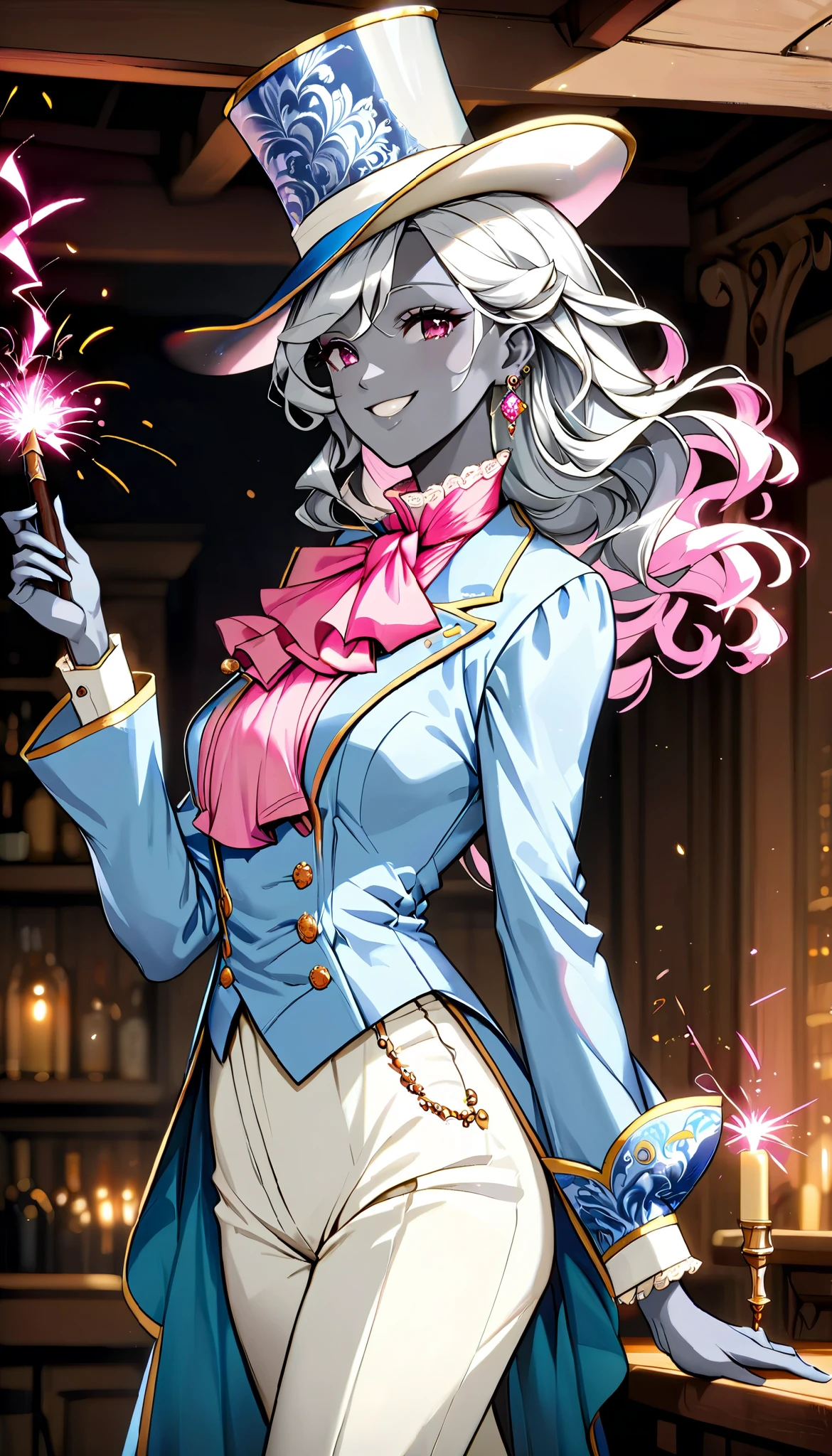 (masterpiece, best quality, 2k), solo, (female earth genasi, stone skin), stone grey skin, beautiful body, sleek legs, shiny silver hair , (((oversized light blue silk top hat, snug fit))), ((( light blue baroque style frock coat, long sleeved))), ((dark blue paisley style waiscoat underneath frock jacket), ((shimmering pink cravat)), (((white colonial trousers))), ((black heeled boots)), (holding an oaken wand in her left hand, sparks popping out), earrings, posing in tavern stage, (smiling, ladylike, serene, playful), (elegant, graceful), glamorous pose, (portrait, upper body), npcp, (SFW)