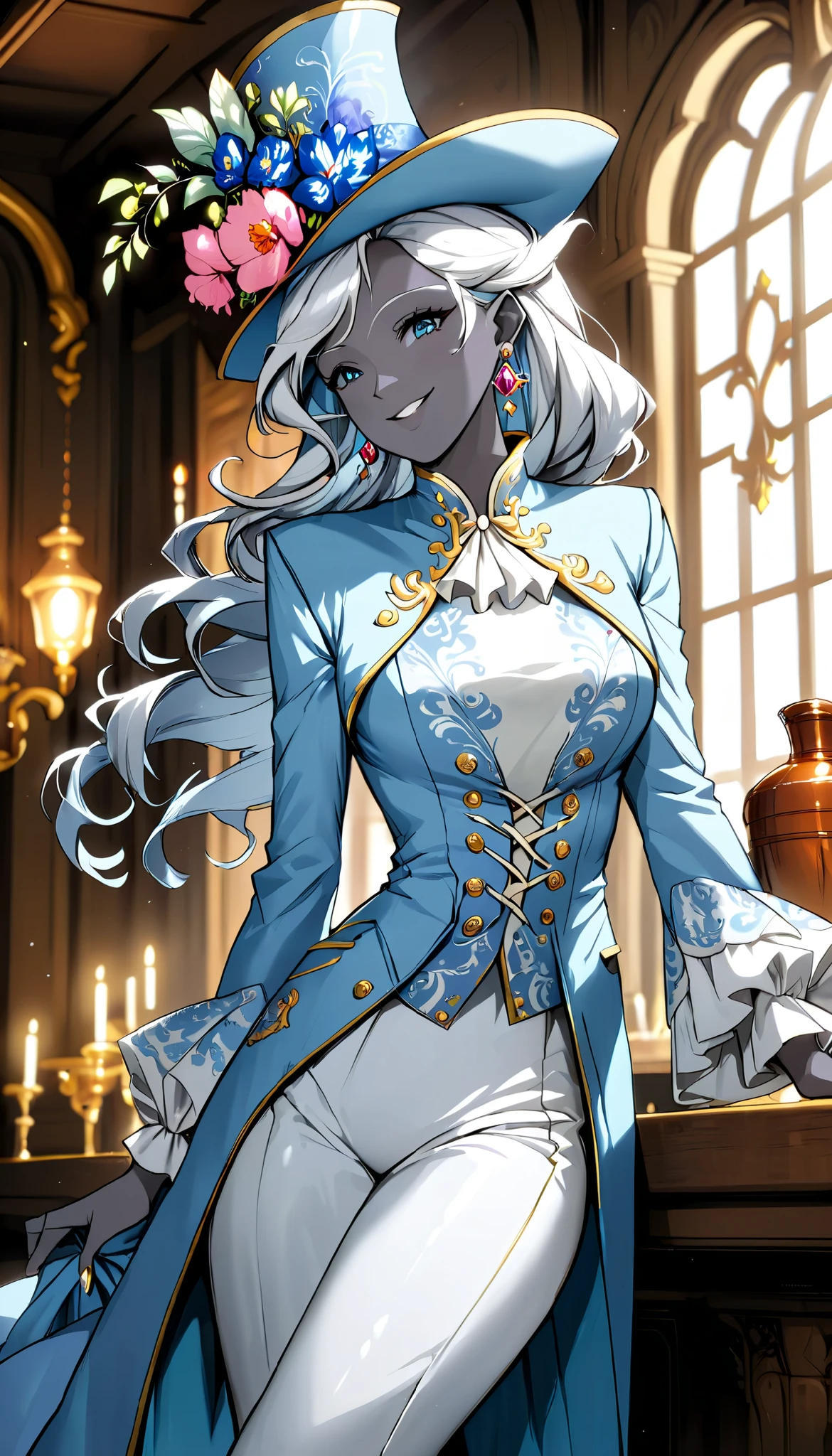 (masterpiece, best quality, 2k), solo, (female earth genasi, stone skin), stone grey skin, beautiful body, sleek legs, shiny silver hair , (((oversized light blue silk top hat, snug fit))), ((( light blue baroque style frock coat, long sleeved))), ((dark blue paisley style waiscoat underneath frock jacket), ((shimmering pink cravat)), (((white colonial trousers))), ((black heeled boots)), earrings, posing in tavern stage, (smiling, ladylike, serene, playful), (elegant, graceful), glamorous pose, (portrait, upper body), npcp