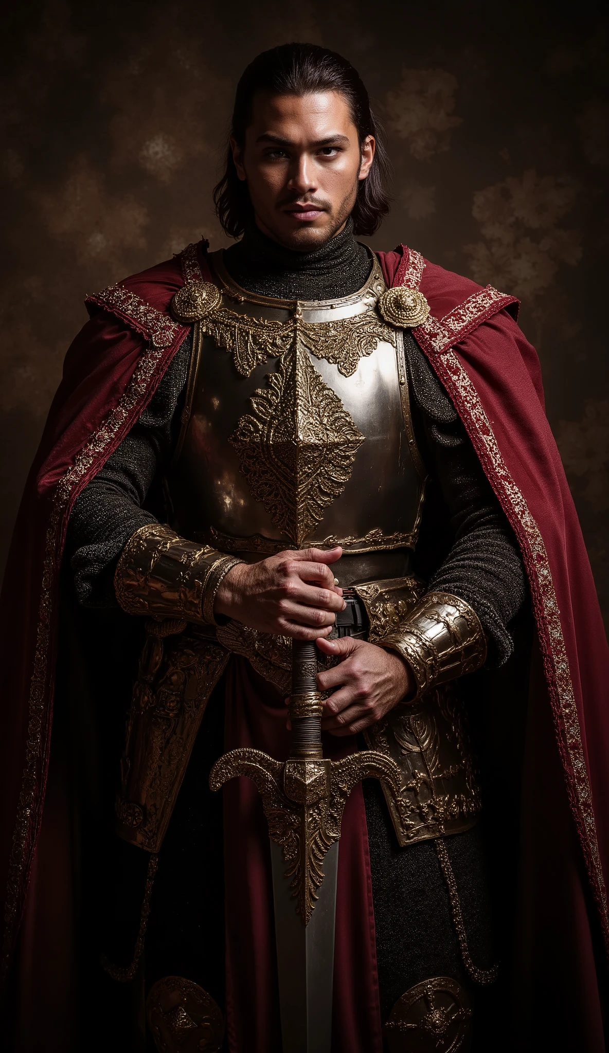 A full-body portrait of a medieval prince-knight in ornate armor, exuding power and nobility. His armor is richly decorated with intricate engravings, a polished breastplate, and golden accents. A deep red cape with embroidered edges drapes over his shoulders, fastened by an elegant brooch. He holds a grand polearm with a sharp, artistic blade adorned with a feathered wing. His gaze is intense, his dark hair slicked back, and his posture is regal. The background is dimly lit, enhancing the dramatic and majestic atmosphere. The scene has a painterly, ultra-realistic style with warm, detailed lighting.