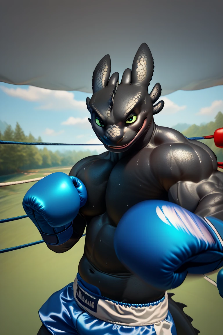 zPDXL3, pov_boxing, punching_the_viewer, foreshortening, motion blur, blue boxing gloves, depth of field, sweaty body, extreme perspective, extreme closeup, closeup, action shot, boxing, dynamic pose, motion lines, impact lines, punching the viewer, cropped head, grassy field background, black scales
BREAK
Toothless, dragon, furry male, looking at viewer, smile, bedroom eyes, smug, large pectorals, chubby with muscle, lowangleview-3000