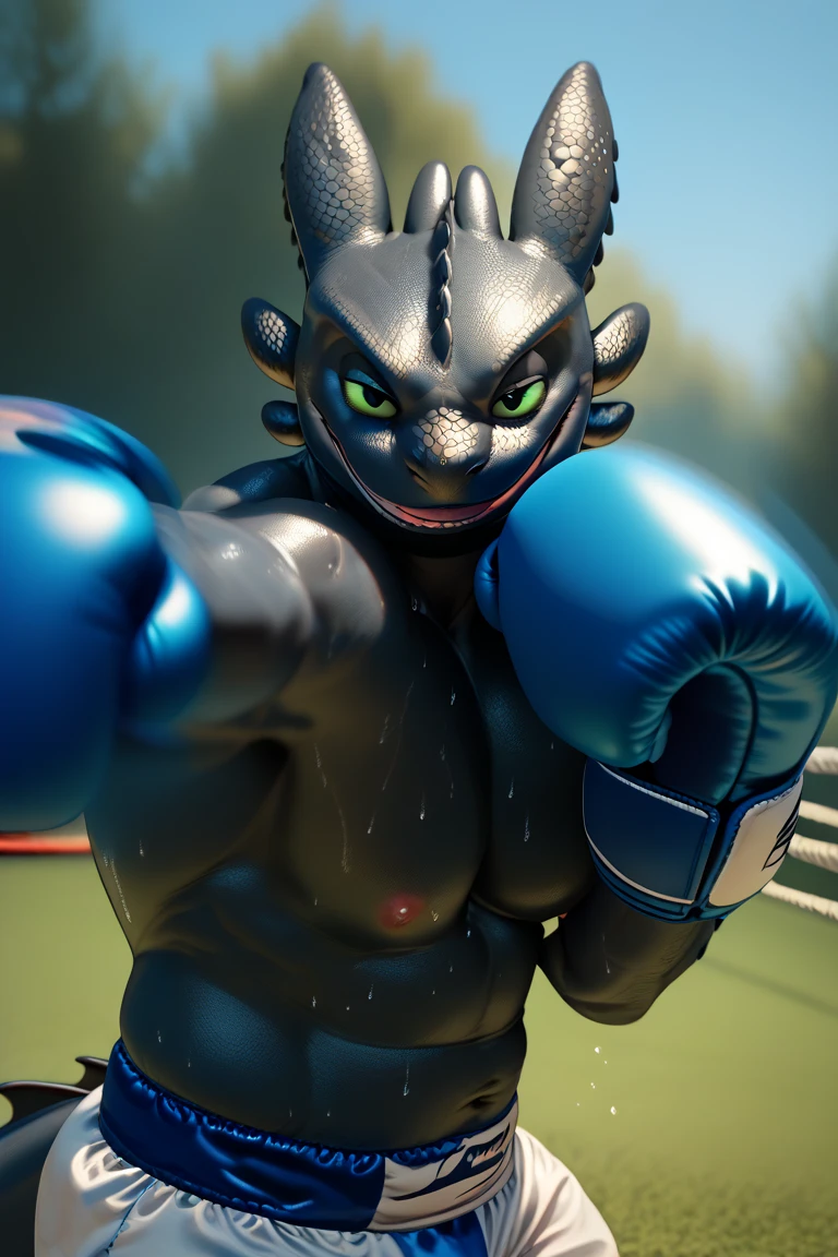 zPDXL3, pov_boxing, punching_the_viewer, foreshortening, motion blur, blue boxing gloves, depth of field, sweaty body, extreme perspective, extreme closeup, closeup, action shot, boxing, dynamic pose, motion lines, impact lines, punching the viewer, cropped head, grassy field background, black scales
BREAK
Toothless, dragon, furry male, looking at viewer, smile, bedroom eyes, smug, large pectorals, chubby with muscle, lowangleview-3000
