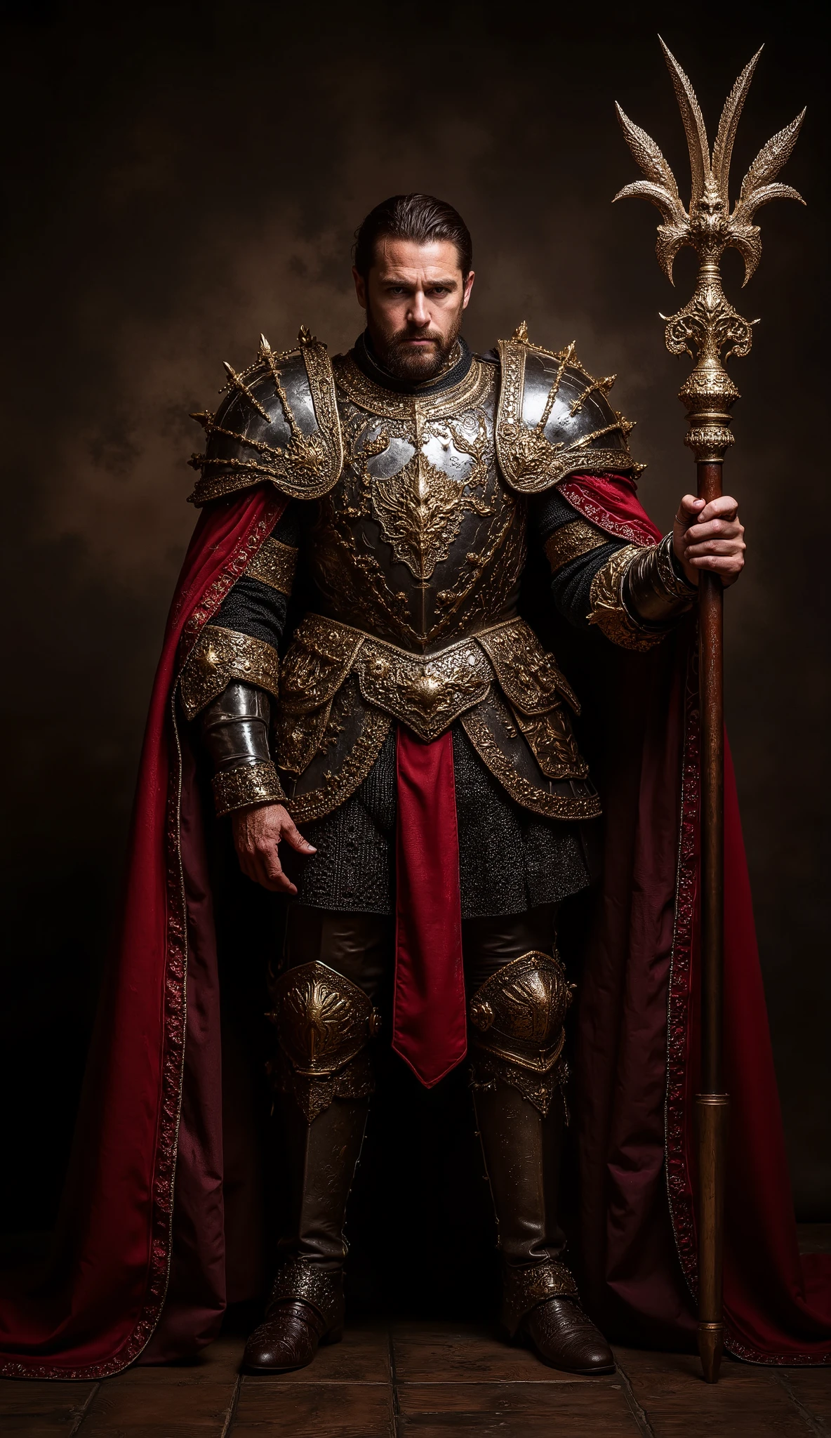 A full-body portrait of a medieval prince-knight in ornate armor, exuding power and nobility. His armor is richly decorated with intricate engravings, a polished breastplate, and golden accents. A deep red cape with embroidered edges drapes over his shoulders, fastened by an elegant brooch. He holds a grand polearm with a sharp, artistic blade adorned with a feathered wing. His gaze is intense, his dark hair slicked back, and his posture is regal. The background is dimly lit, enhancing the dramatic and majestic atmosphere. The scene has a painterly, ultra-realistic style with warm, detailed lighting.