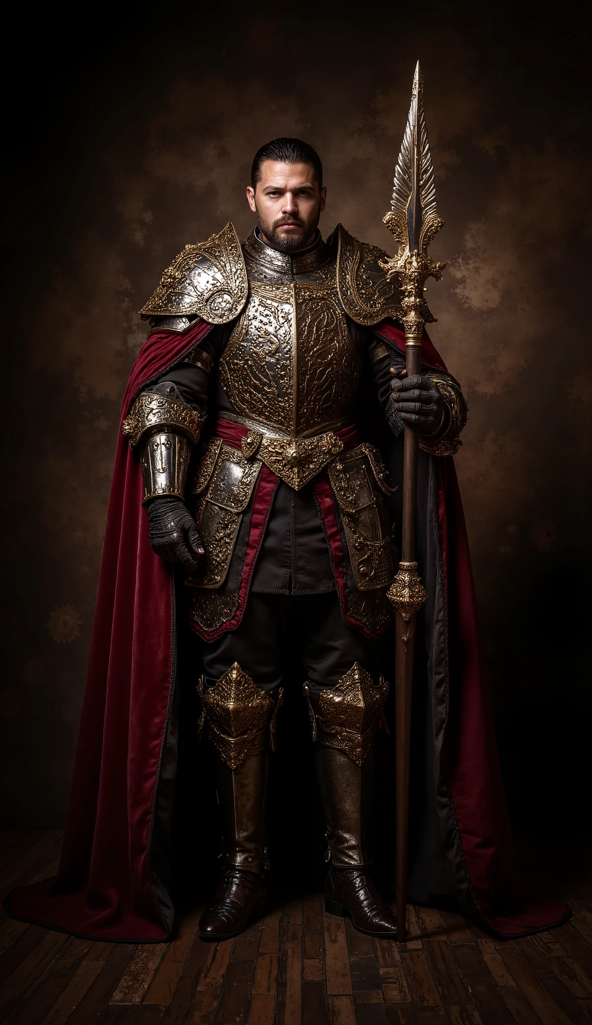 A full-body portrait of a medieval prince-knight in ornate armor, exuding power and nobility. His armor is richly decorated with intricate engravings, a polished breastplate, and golden accents. A deep red cape with embroidered edges drapes over his shoulders, fastened by an elegant brooch. He holds a grand polearm with a sharp, artistic blade adorned with a feathered wing. His gaze is intense, his dark hair slicked back, and his posture is regal. The background is dimly lit, enhancing the dramatic and majestic atmosphere. The scene has a painterly, ultra-realistic style with warm, detailed lighting.