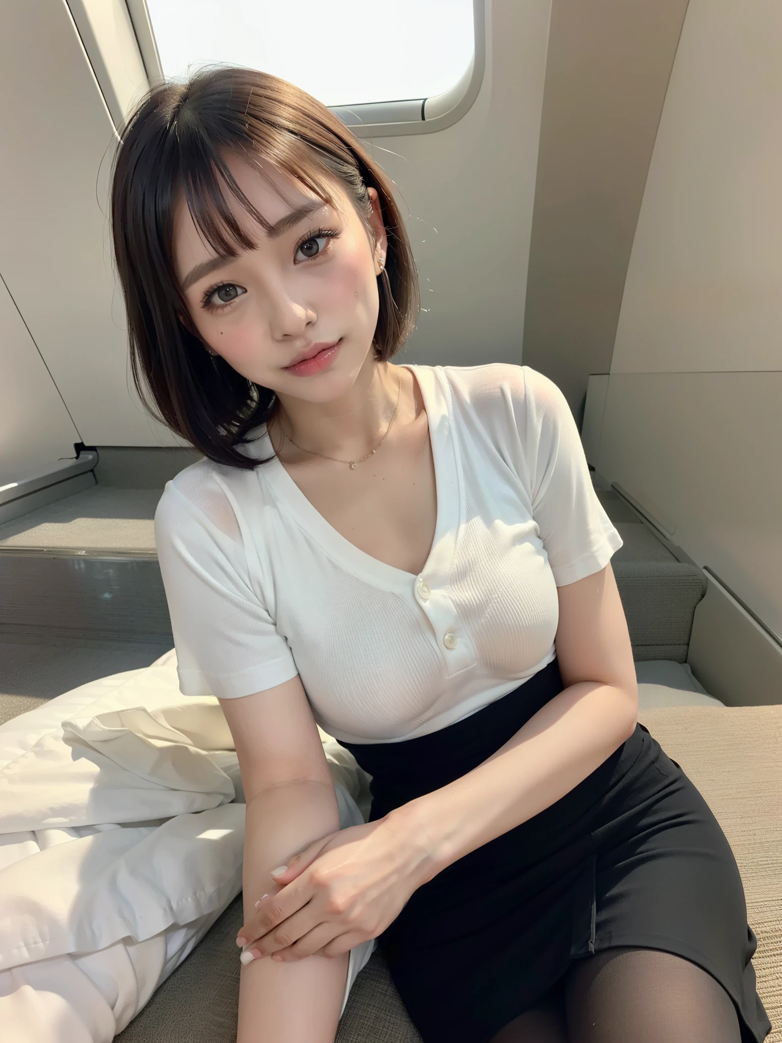 (High reality photograph, high resolusion, detailed face, detailed eyes), Japanese lady, 40 years old, various face expression, solo:1, skinny figure, medium breasts, emphasizing very thin waist, various hair style, Shirt, tight skirt, in a car, full-body photo, alone in a photo