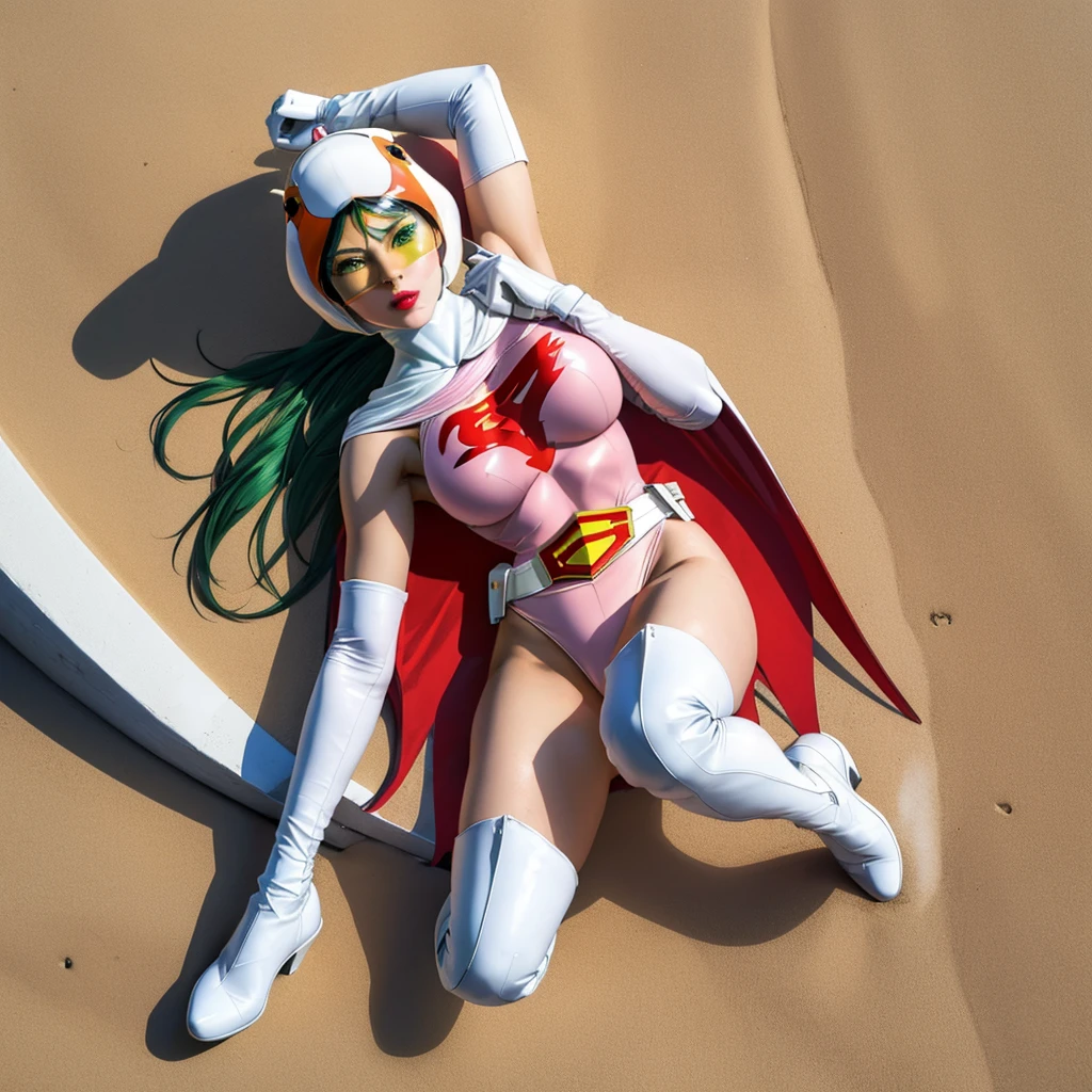 ANI_CLASSIC_jun_gatchaman_ownwaifu,1girl, ,good anatomy, masterpiece, best quality,realistic, hyperrealistic, 16k hdr, long hair,breasts,green eyes,lips,large breasts,lipstick,makeup,gloves,cape,helmet,belt,elbow gloves,white gloves,mask,ultra miniskirt,leotard,spacesuit,white tight overknee highheels boots,pink dress,superhero,bodysuit,cleavage,erected nipples,(sexy pose,view from above),(spread legs:1.1),cameltoe