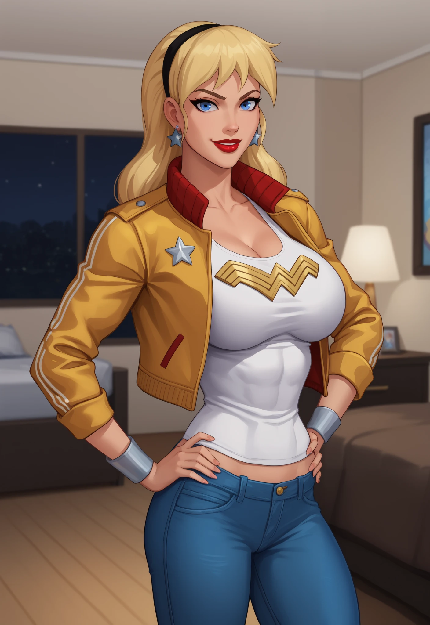 safe_pos, PonyXLV6_Scores BREAK (((parody style, parody:1.2)), perfect anatomy, cowboy shot) 1girl, blonde hair, blue eyes, ((looking at viewer)), hairband, gold bomber jacket, star earrings, gold jeans, curvy, athletic, standing, hand on hip, indoors, bedroom, blue racerback tank top, open jacket, long sleeve, smiling, closed mouth, large breasts, standing, red lipstick, seductive pose