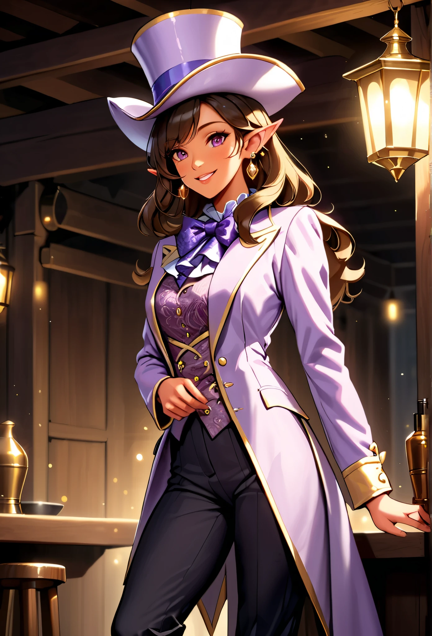 (masterpiece, best quality, 2k), solo, (female tiefling, pointed ears, tail), light red skin, beautiful body, sleek legs, brown hair , (((oversized shimmering light purple silk top hat))), (((shimmering light purple frock coat, long sleeved))), ( dark purple paisley style waiscoat underneath frock jacket), (shimmering golden cravat)), (((ebony colored colonial trousers))), ((brown heeled boots)), earrings, posing in tavern stage, (smiling, ladylike, serene, playful), glamorous pose, close up shot,