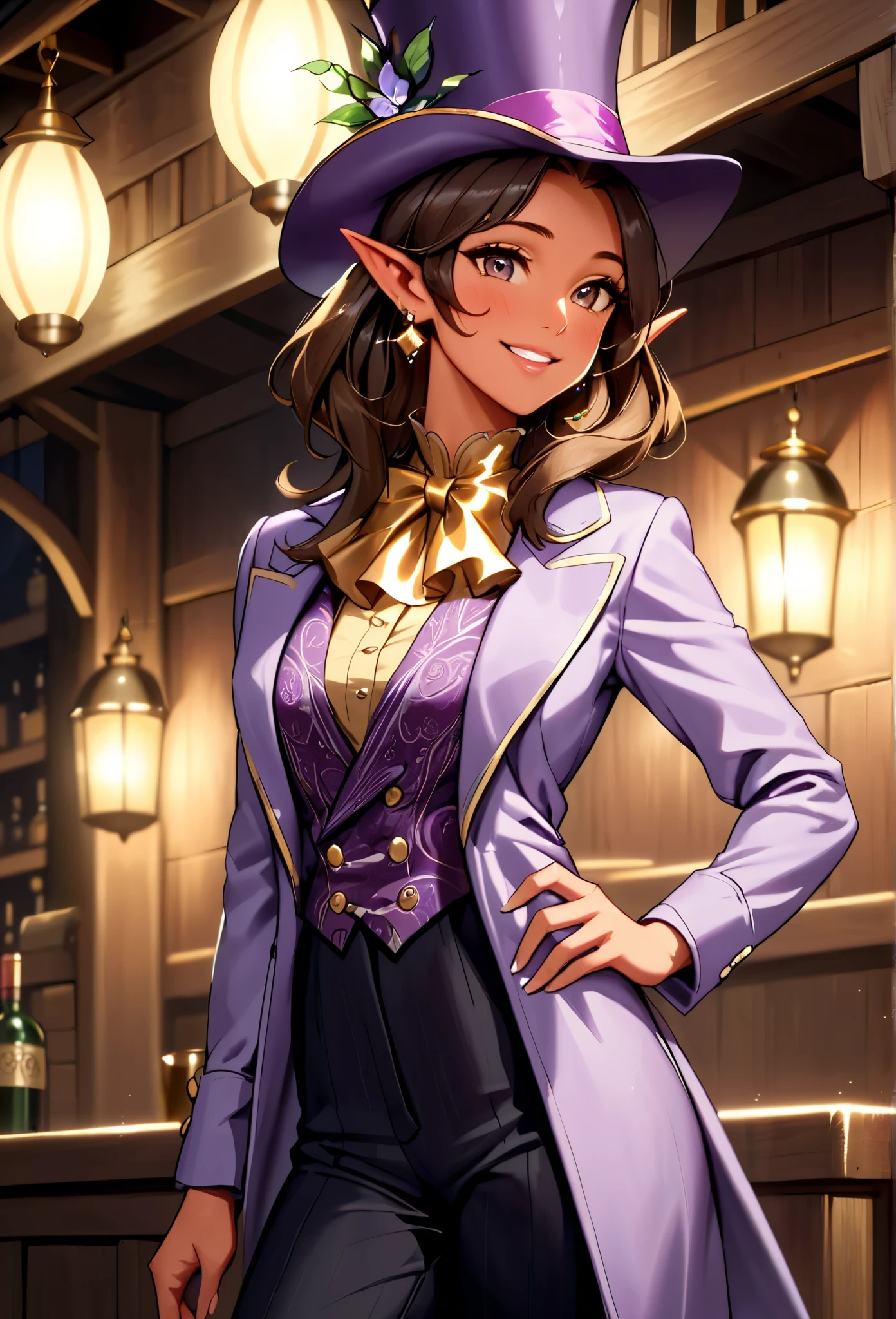 (masterpiece, best quality, 2k), solo, (female tiefling, pointed ears, tail), light red skin, beautiful body, sleek legs, brown hair , (((oversized shimmering light purple silk top hat))), (((shimmering light purple frock coat, long sleeved))), ( dark purple paisley style waiscoat underneath frock jacket), (shimmering golden cravat)), (((ebony colored colonial trousers))), ((brown heeled boots)), earrings, posing in tavern stage, (smiling, ladylike, serene, playful), glamorous pose, close up shot,