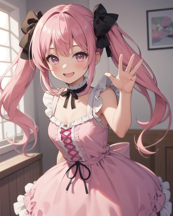 Girl with pink hair, long double-tailed hairstyle, ((small pink bushy eyebrows)), wearing lolita clothing, marked vagina, lolicon (Zankuro) drawing style by zankuro artist, Zancro style, image uploaded to R34, flirty smile , ((showing the pubes)) in a restaurant, facing the camera, camera from above, looking with a very flirtatious face, with her breasts out, inviting to have sex with her legs open, stretching her hands to be taken in her arms