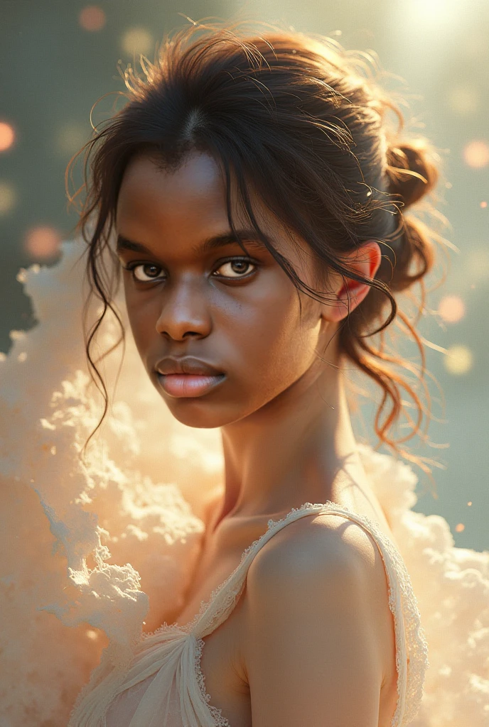 An exquisite portrait of a Black African woman with deep ebony skin and a realistic afro hair bathing in the pouring rain, the photograph captured in stunning 8k resolution and raw format to preserve the highest quality of details. The woman's beauty is undeniable, her face commanding the frame in a close-up shot that reveals the intricate details of her eyes. She wears a dress that complements her radiant skin, and her eyes are portrayed with meticulous attention to detail, showcasing the captivating depth within. The photograph is taken with a lens that emphasizes the defiance in her gaze, and the backdrop is a dark studio setting that enhances the muted colors of the scene. The lighting and shadows are expertly crafted to bring out the richness of her skin tone and the subtle nuances of her features. Her ginger hair, with its distinct hue, adds a touch of warmth and contrast against her ebony skin. The interior setting adds a sense of intimacy, while the freckles on her skin tell their own story. The overall composition captures her essence with authenticity and grace, creating a portrait that is a celebration of her heritage and beauty. Photography by defiance512, utilizing the best techniques for shadow and lighting, to create a mesmerizing portrayal that transcends the visual.