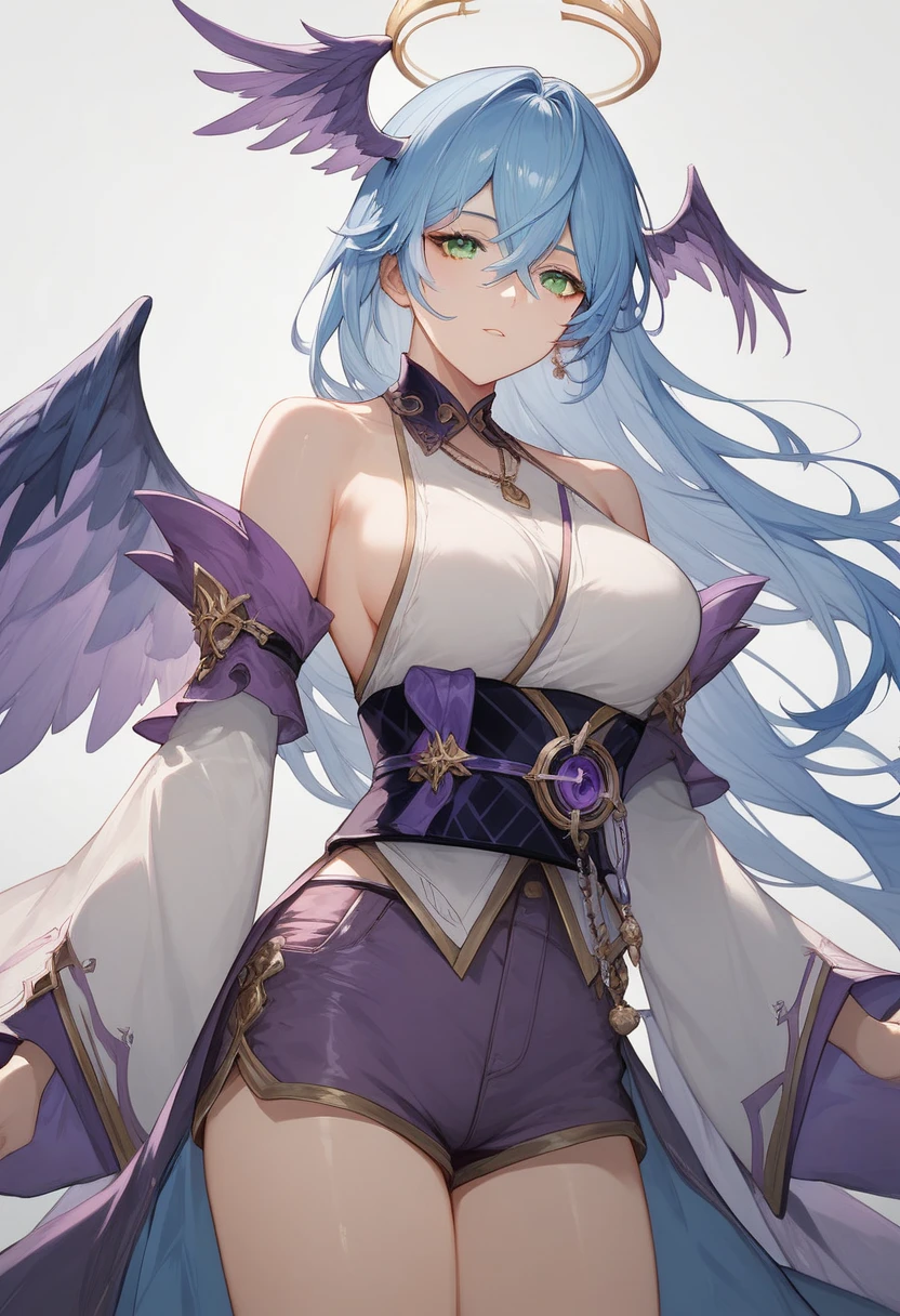 jibril 1girl, solo, long hair, breasts, sideboob, halo, pink hair, pink stocking, low wings, compass rose halo, wings, navel, book, gloves, bird ears, midriff, magic circle, asymmetrical legwear, angel, angel wings, animal ears, very long hair, yellow eyes, white wings, large breasts, mismatched legwear, single shoe, feathered wings, orange eyes, shoes, multicolored eyes, thighhighs, crop top, cross, multicolored hair, gradient hair, looking at viewer,