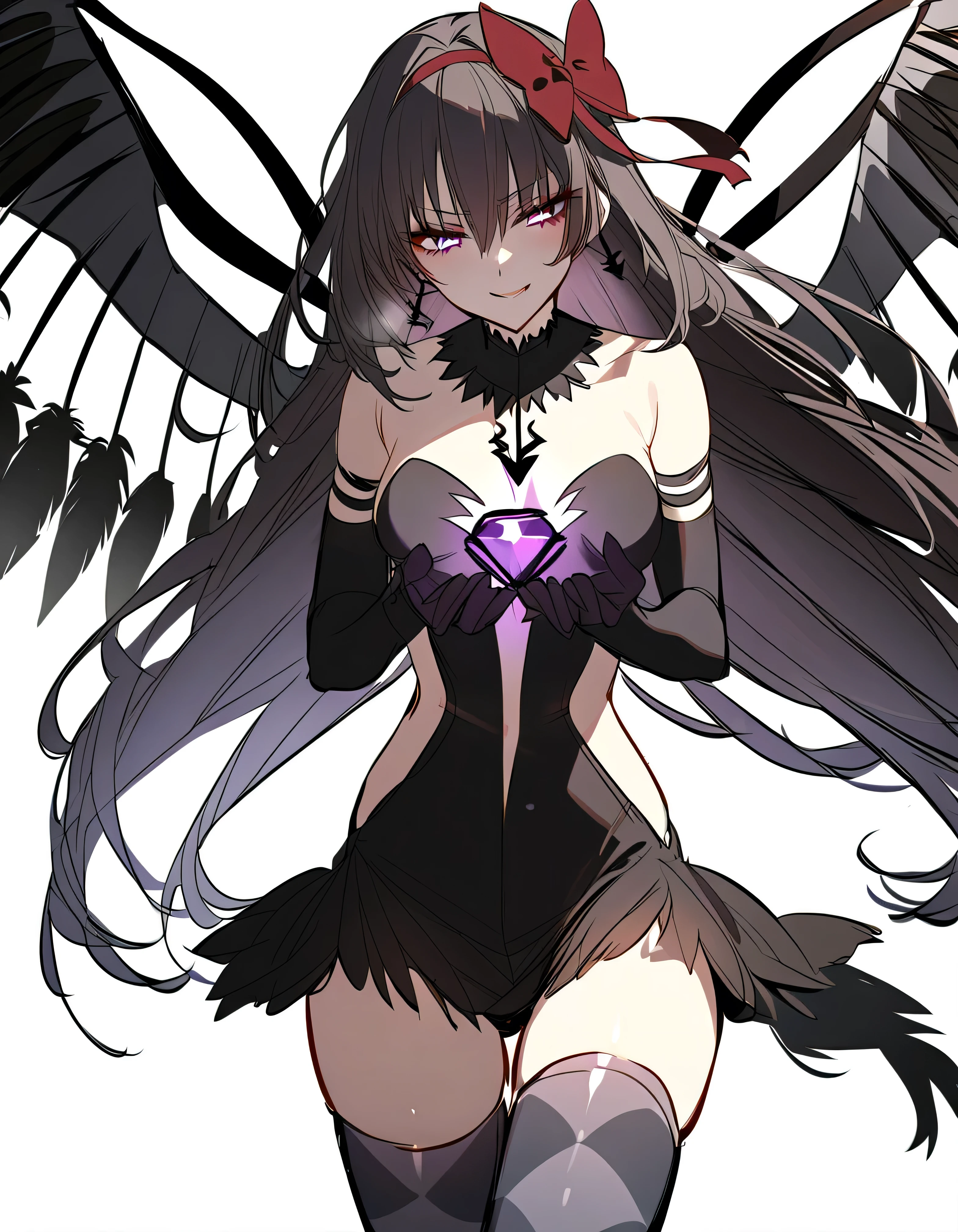 1girl, akuma homura, solo, long hair, wings, gloves, elbow gloves, black hair, smile, purple eyes, thighhighs, black gloves, argyle legwear, argyle, bare shoulders, looking at viewer, dress, soul gem, hair bow, bow, choker, feathered wings, white background, zettai ryouiki, simple background, black wings, masterpiece, best quality, late, evil smile,shaded face(eyes in shadow),latex