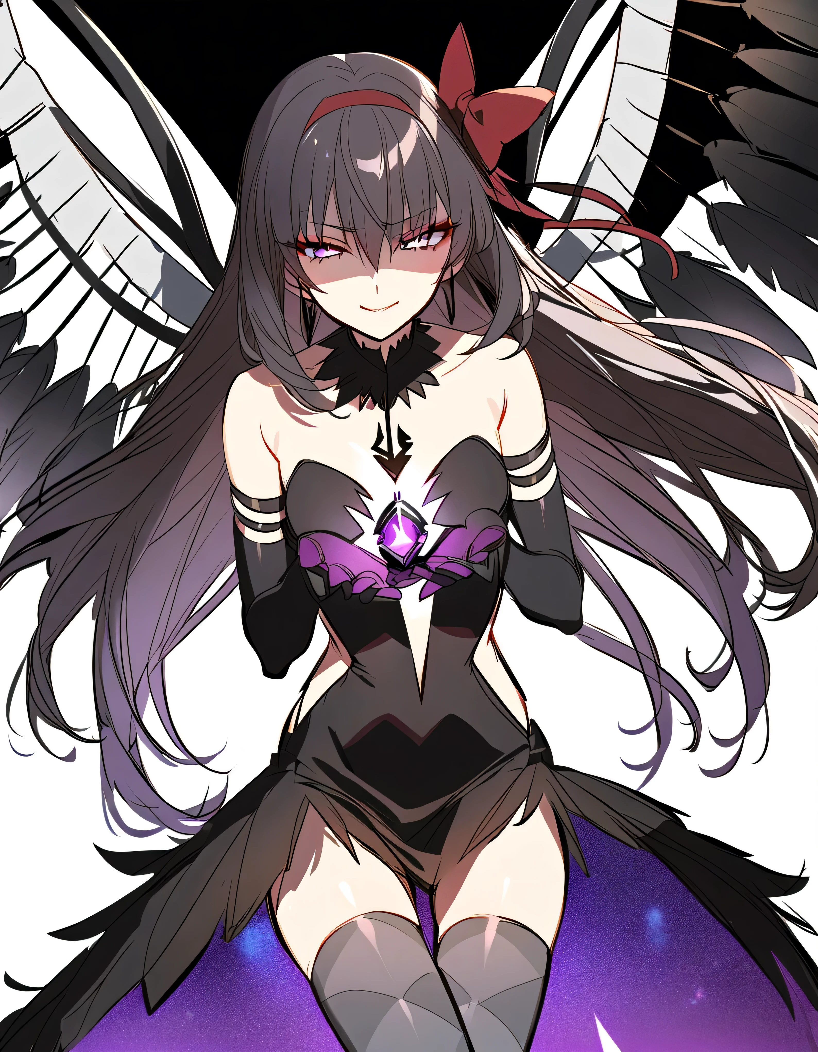 1girl, akuma homura, solo, long hair, wings, gloves, elbow gloves, black hair, smile, purple eyes, thighhighs, black gloves, argyle legwear, argyle, bare shoulders, looking at viewer, dress, soul gem, hair bow, bow, choker, feathered wings, white background, zettai ryouiki, simple background, black wings, masterpiece, best quality, late, evil smile,shaded face(eyes in shadow),latex