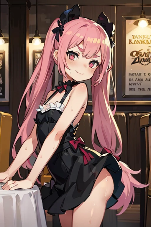 Girl with pink hair, long twin-tail hairstyle, ((small pink bushy eyebrows)), dressed in gothic lolita clothing, lolicon (Zankuro) drawing style by zankuro artist, Zancro style, image uploaded to R34, ((flirty smile)) , in a restaurant ,  wide naked hips, naked pussy underwear in her hands, breasts out ,