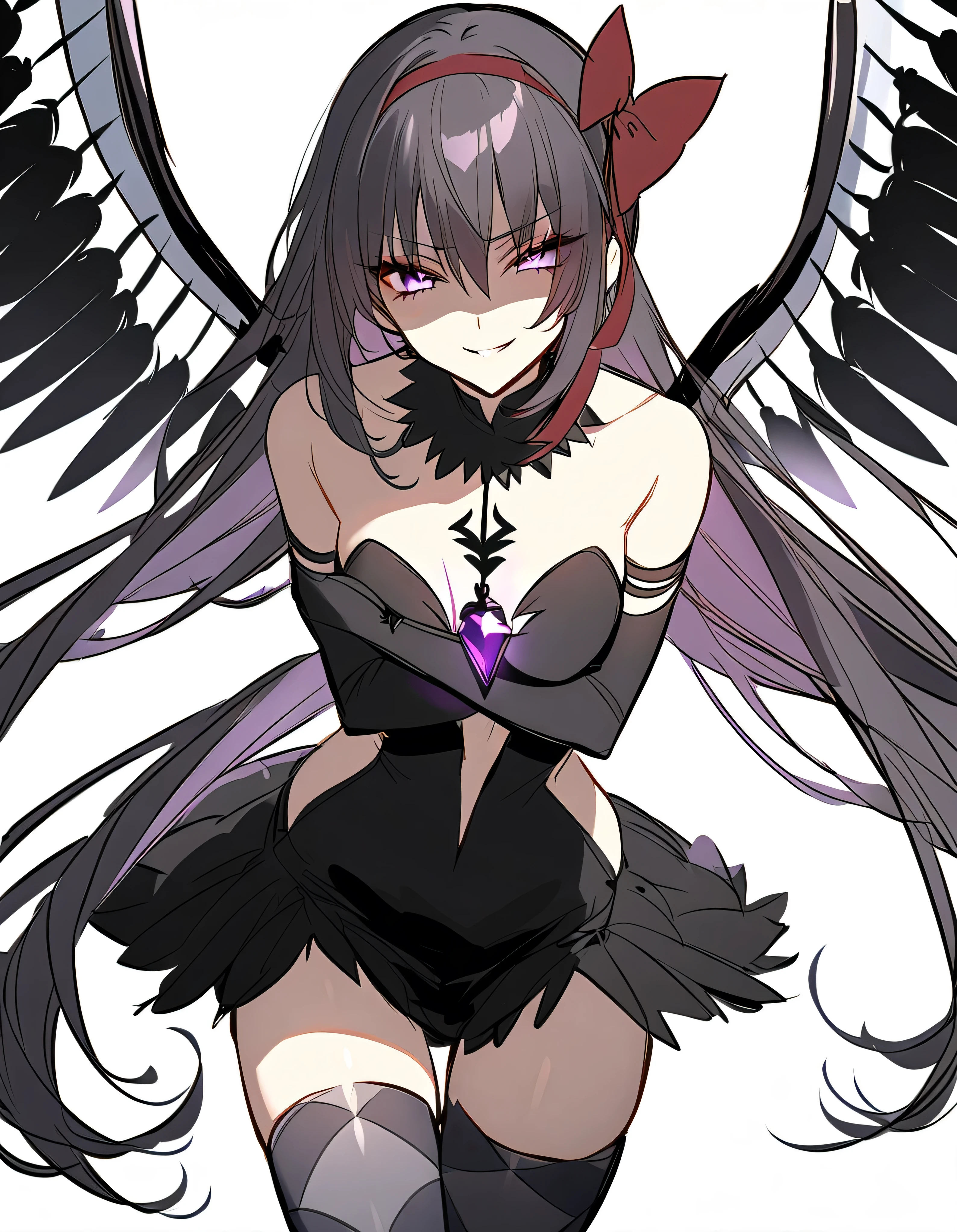 1girl, akuma homura, solo, long hair, wings, gloves, elbow gloves, black hair, smile, purple eyes, thighhighs, black gloves, argyle legwear, argyle, bare shoulders, looking at viewer, dress, soul gem, hair bow, bow, choker, feathered wings, white background, zettai ryouiki, simple background, black wings, masterpiece, best quality, late, evil smile,shaded face(eyes in shadow),latex