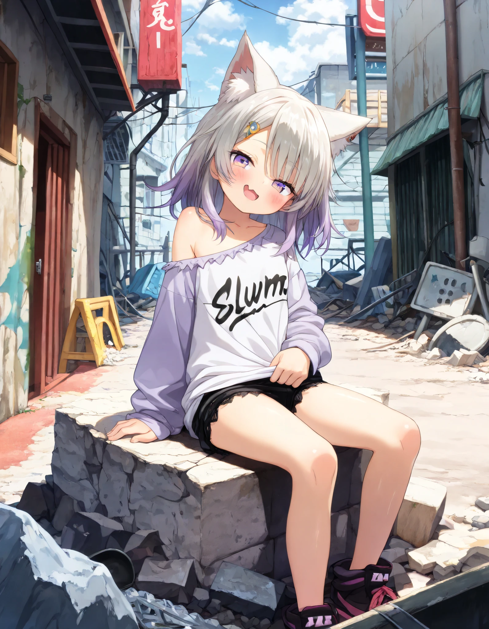 ((Masterpiece)), ((best quality)), (8K), (wide shot), (detailed background:1.2), (super detail:1.2),(High Definition:1.3), (Professional Photography:1.2), (very aesthetic:1.2), (absurdres:1.2), (sharp focus), ((1girl)), Cute young Girl, (Textured skin), (pale purple eyes, gradient eyes, looking at side), (platinum-gold hair), (Asymmetrical long bangs), gradient hair, blue color Hair Tip, (medium hair), small breast, (Healthy Gaunt body), (open mouth wide, skin fang), seductive smile, blush, (cute cheeks), glossy lips, pouty lips, (lower eyelashes), tilt head, (put on cat ears), Beautiful collarbones, BREAK, ((Frayed shirts hem, ragged loose Long Sleeve T-shirts)), bare left shoulders, bare neck, Elegant shorts, (pull the shirt, pull by self), ((loose sitting on the rubble, outstrech leg)), outside the rusty Collapsed road, (View of the slums), outdoor, summer day, (Beautiful landscape),