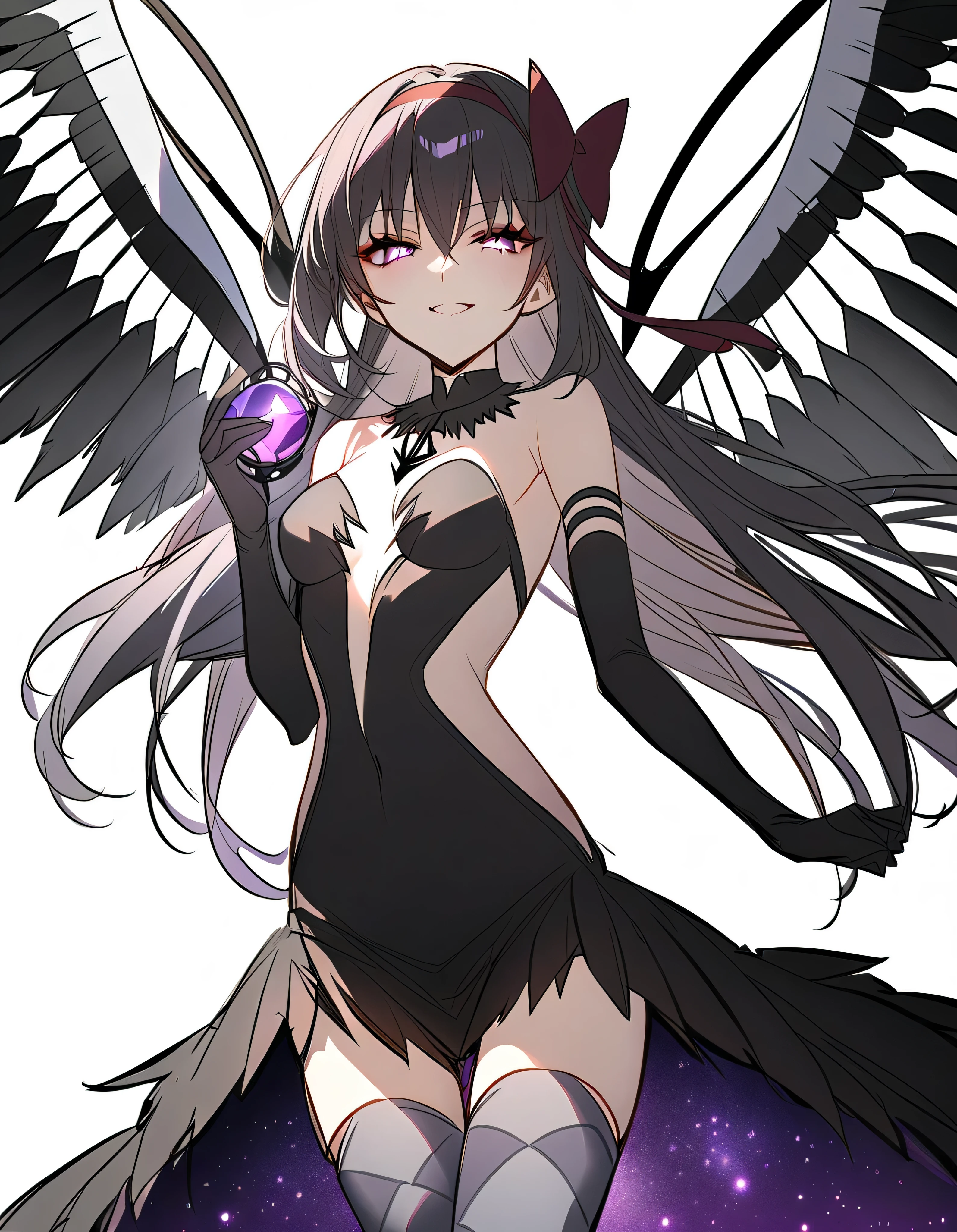 1girl, akuma homura, solo, long hair, wings, gloves, elbow gloves, black hair, smile, purple eyes, thighhighs, black gloves, argyle legwear, argyle, bare shoulders, looking at viewer, dress, soul gem, hair bow, bow, choker, feathered wings, white background, zettai ryouiki, simple background, black wings, masterpiece, best quality, late, evil smile,shaded face(eyes in shadow),latex