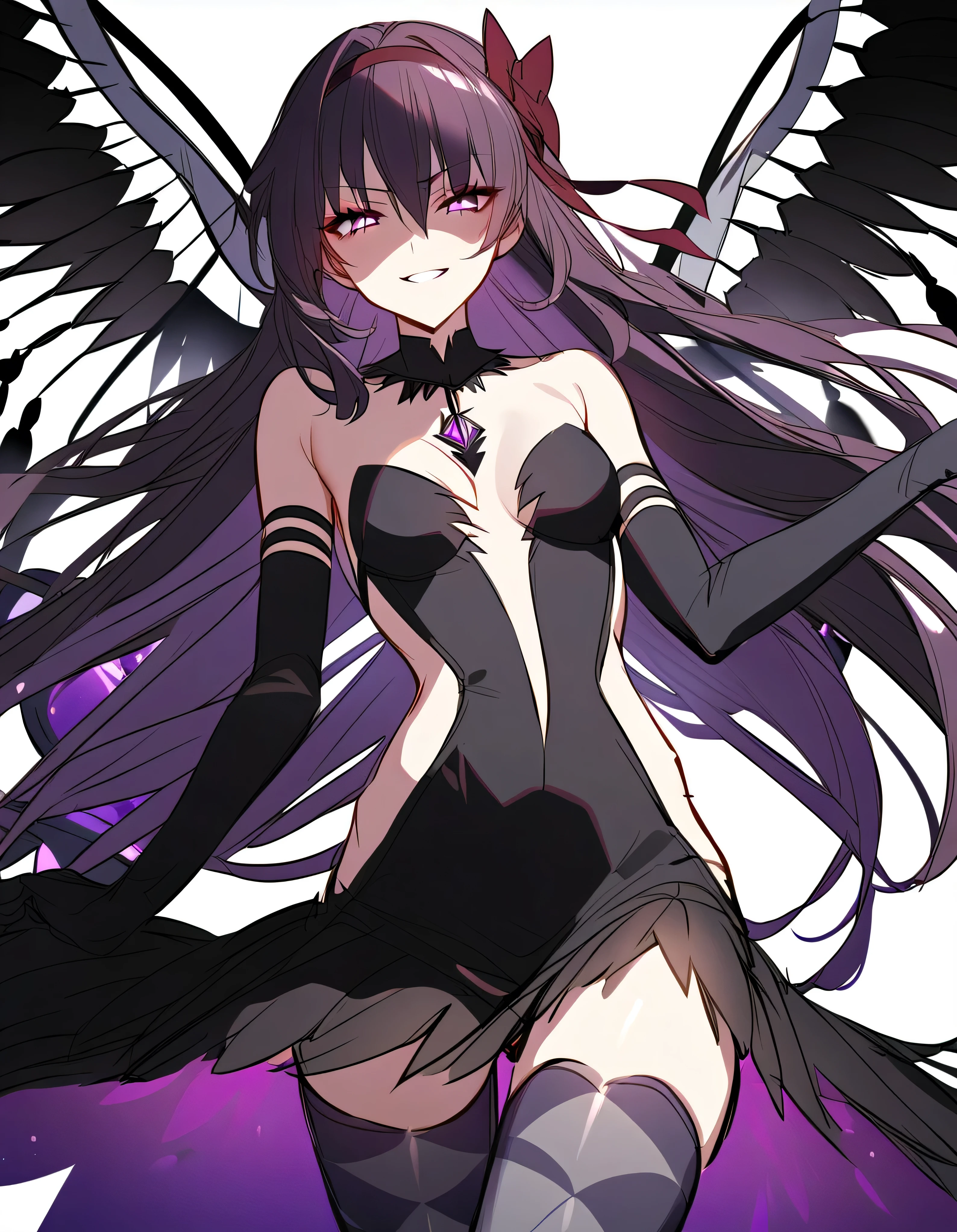 1girl, akuma homura, solo, long hair, wings, gloves, elbow gloves, black hair, smile, purple eyes, thighhighs, black gloves, argyle legwear, argyle, bare shoulders, looking at viewer, dress, soul gem, hair bow, bow, choker, feathered wings, white background, zettai ryouiki, simple background, black wings, masterpiece, best quality, late, evil smile,shaded face(eyes in shadow),latex