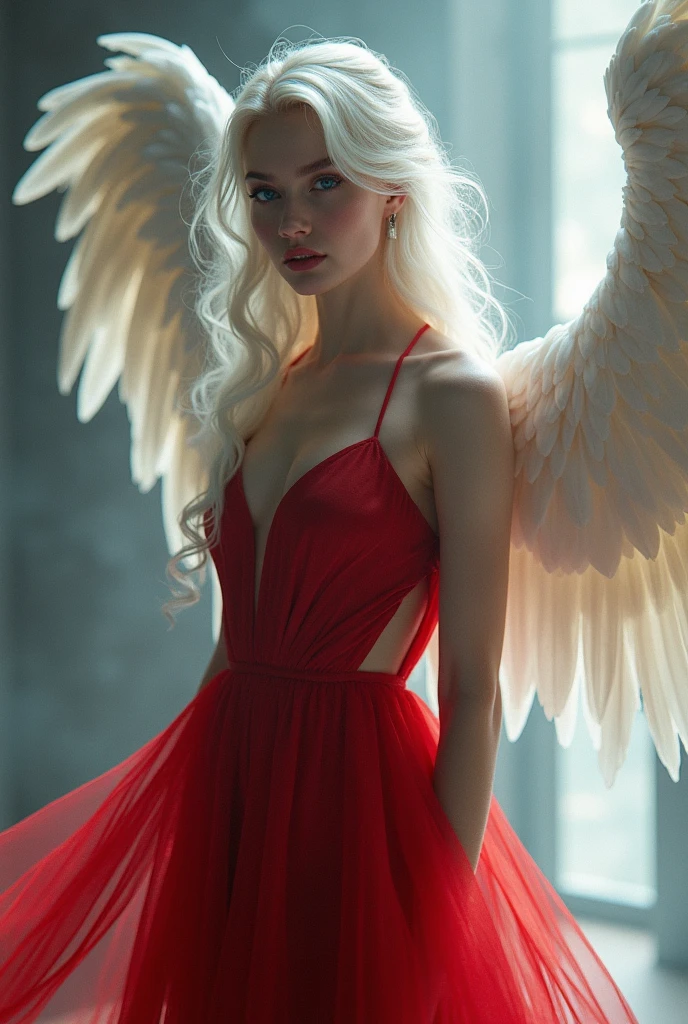 Arafed, a picture of a female angel in high society prom event, divine beautiful female angel, blond hair, long hair, flowing hair, the hair glows in a soft light, (busty: 1.3), cerulean eyes, deep light eyes, divine beautiful face, folded white feather wings, she wears a ((red evening dress: 1.2)), elegant, intricate detailed dress, silk dress, she wears elegant knee high heeled boots, exquisite high heeled boots, she stands on the porch of a fantasy castle, dynamic angle, soft torch light, (Masterpiece: 1.5), 16k, highres, best quality, high details, ultra detailed, masterpiece, best quality, (extremely detailed), AngelStyle, GlowingRunesAI_paleblue, angel_wings