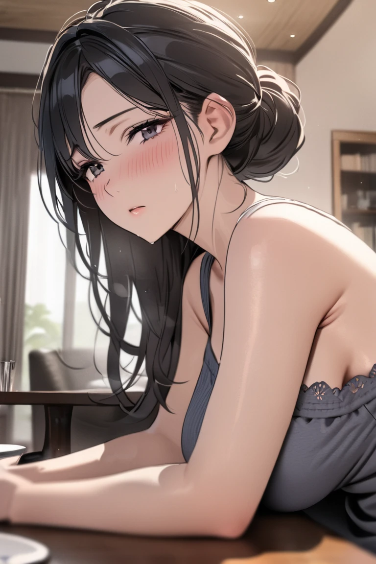 (masterpiece、top-quality、hight resolution), A calm, married woman with a peaceful expression on her face accidentally witnesses the boy masturbating and says, "Oh my God, he's at that age already..." She does not scold him, but delivers the subtle message that the once is now old enough to be interested in sex. Her demeanor shows a calm and understanding approach, implicitly asking, "It's ok, it's the right sexual treatment." The setting is a cozy, well-appointed room that captures the moment of her gentle intervention. nsfw