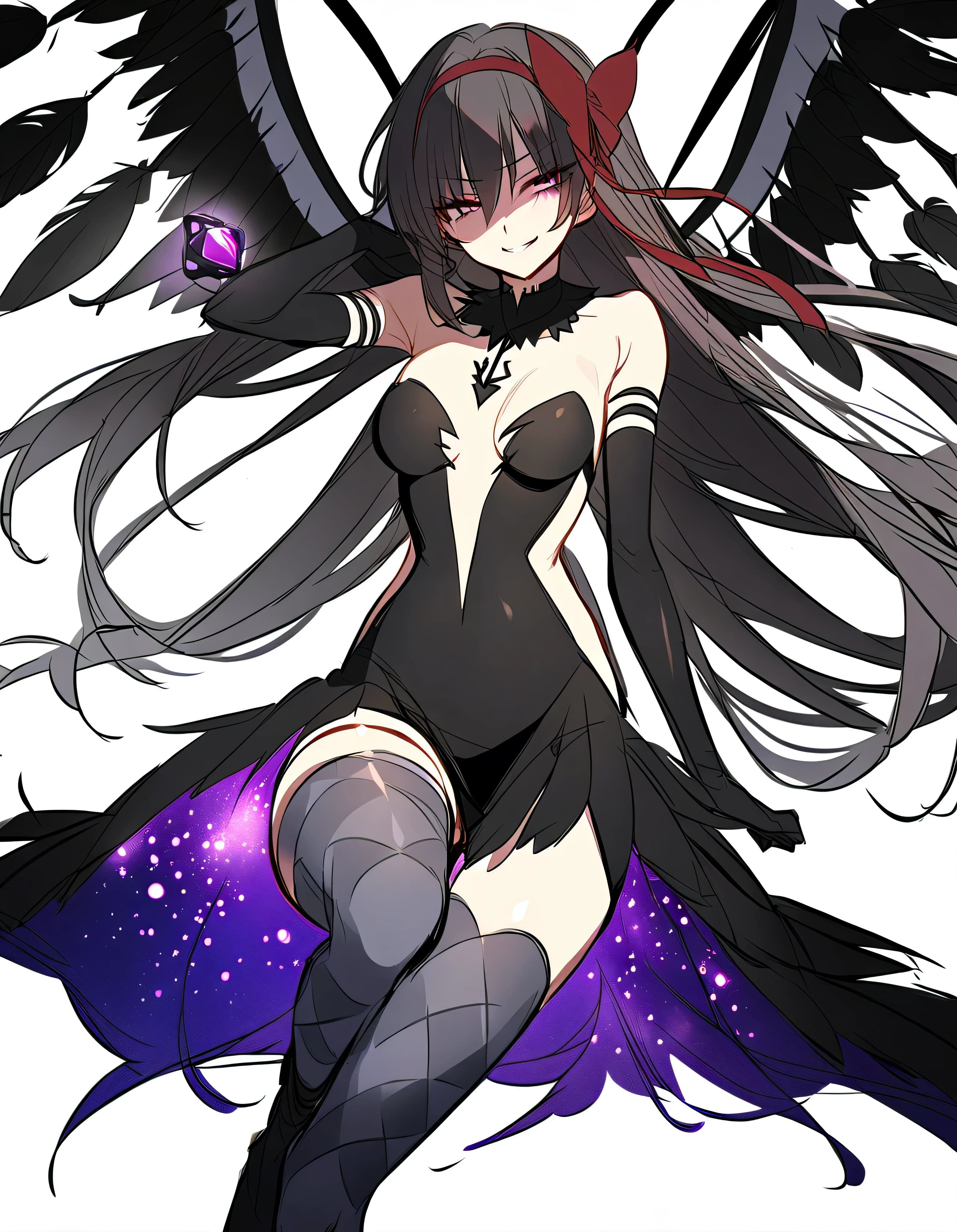 1girl, akuma homura, solo, long hair, wings, gloves, elbow gloves, black hair, smile, purple eyes, thighhighs, black gloves, argyle legwear, argyle, bare shoulders, looking at viewer, dress, soul gem, hair bow, bow, choker, feathered wings, white background, zettai ryouiki, simple background, black wings, masterpiece, best quality, late, evil smile,shaded face(eyes in shadow),latex