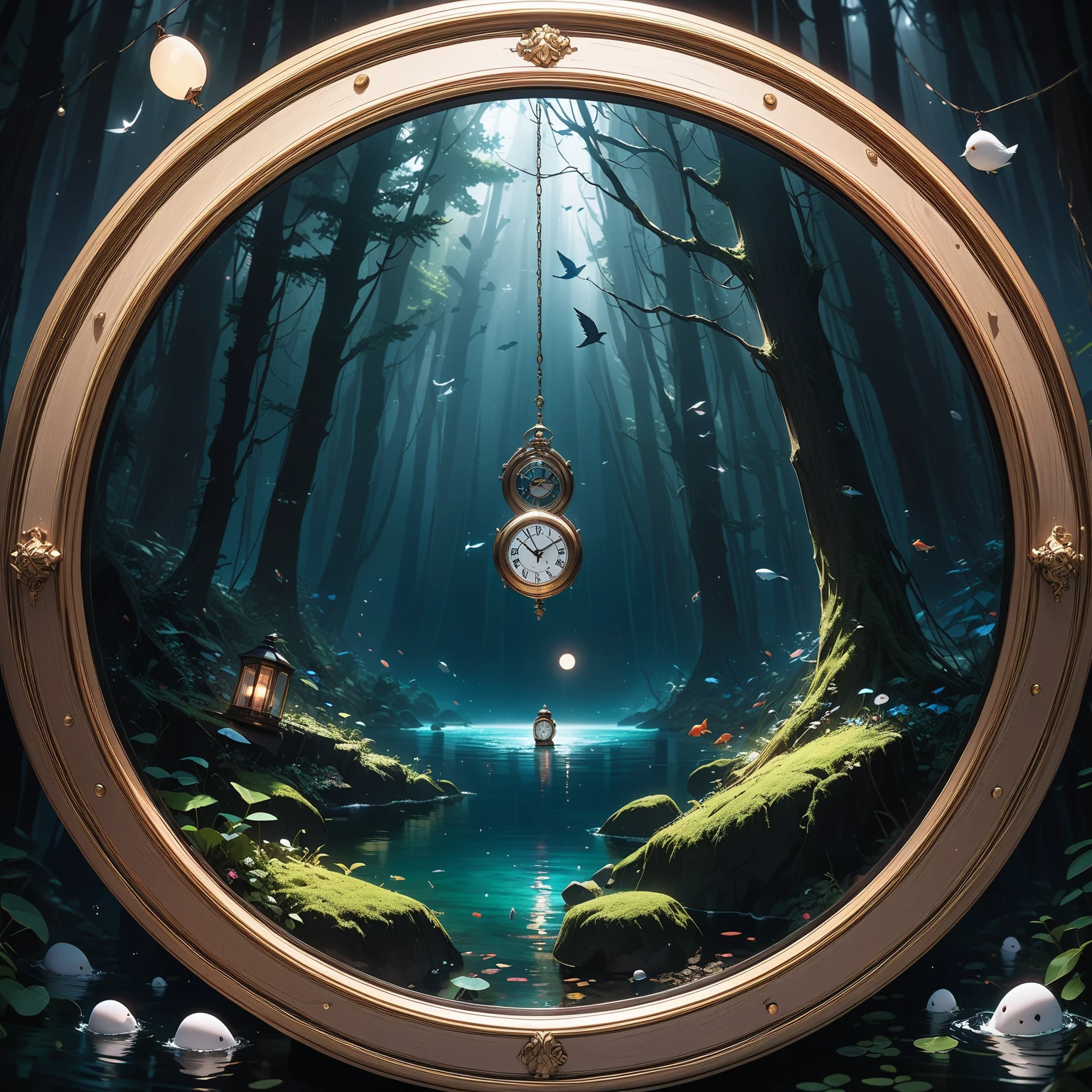 (masterpiece, best quality:1.2, 8k,16k,high-resolution,(不思議なDark Forest:1.3),Fantasy World、can see things you can't see with light floating in the dark,(giant deep-sea creatures swimming in the sky:1),(Dark Forest:1.3),(Big mirror clock:1.3), what you can't see in the light can be seen floating in the dark in the dark, yesterday is tomorrow in the dark of the forest pitch-dark forest
Fish are in the sky small birds have eggs splashing into the water and the mirror sings a completely dark forest is a strange place it's been completely dark since morning
If you listen, you won't hear anything (if you look at the clock, it goes upside down:1.5) A completely dark forest is a maze of the mind fast is slow completely dark forest
Everyone knows where it is nobody knows where it is the pitch black forest keeps moving
A completely dark forest near and far
A completely dark forest close and far