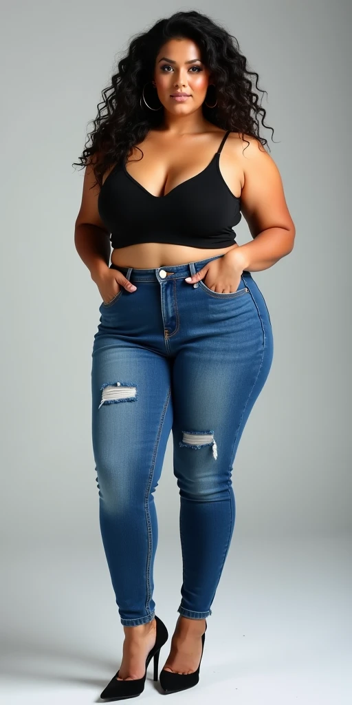 best quality:1.4), (masterpiece:1.4), (8K:1.4), (extremely detailed:1.4), full body, 1girl, plumper girl, plumper legs, plumper body, plumper thighs, gigantic fat_boobies_mini short jeans, crop top, against wall, hightop jays, big fat thighs gorgeous big_ass_big fat saggy_boobies_