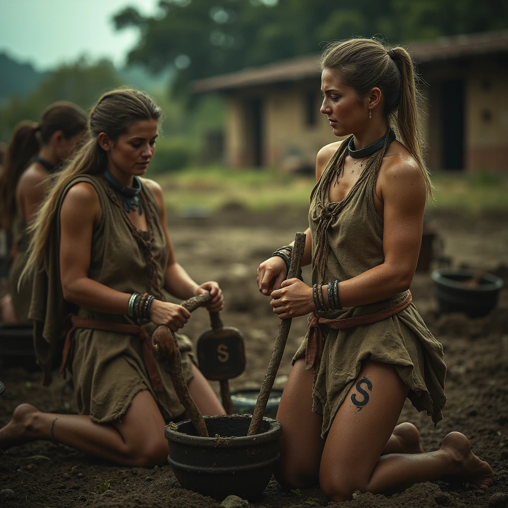 Roman Slave Girls, Slavic Tribe, Big Saggytits Working On A Farm, 20y. Old, Iron Collar, Brands On The Body, Exhausted By Hard Work, A Worn-Out Mare By Hard Labor, Tanned To Black From Dirt And Sun, Barefoot, Ragged, Beautiful But Exhausted Face, Dirty Hair, Somehow Braided, In An Old Torn Sacking That Replaces Her Short Tunic, Leaky And Dilapidated, High Texture Burlap, Body, Rural Italy, Cgsociety Of The Whole Body, Highly Detailed , Tumblr Aesthetic, Retro, Hd Photography, Hyperrealism, Tiny Details, Hyperdetailed, Photorealistic, Flickering Light, Glowing Neon, Black And White Photo, Natur