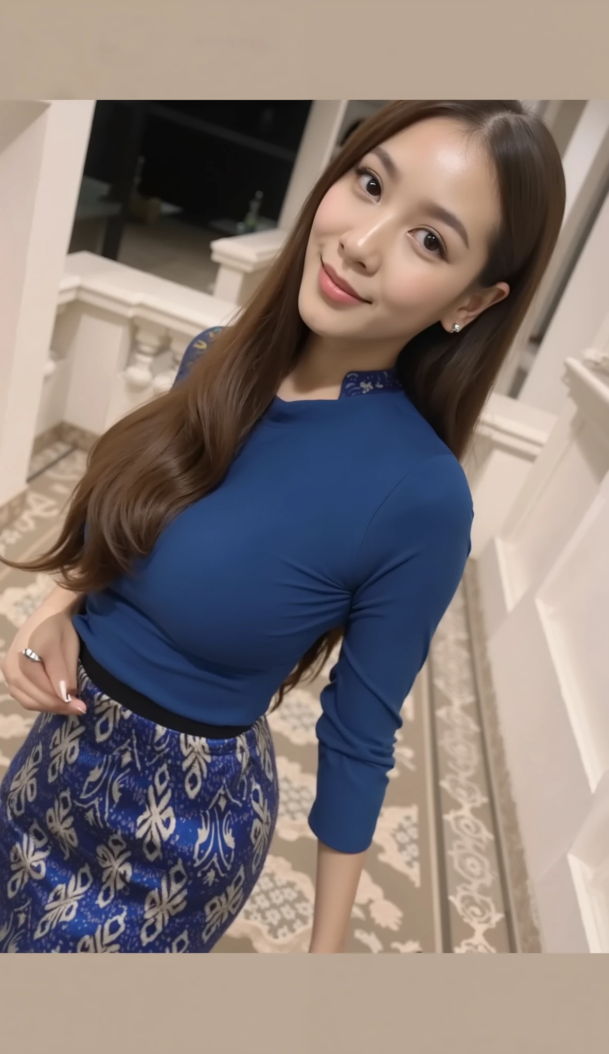 A hyper-realistic portrait of a stunning Thai woman wearing a form-fitting, ultra-tight cotton dress with intricate textile patterns, realistic fabric folds, and enhanced dress creases. The dress clings to her curvy hourglass figure, accentuating her round breasts, wide hips, and well-defined body curves. She pairs it with a transparent lace shirt, adding a delicate contrast to the solid cotton skirt. Her skin features ultra-detailed textures, lifelike pores, fine wrinkles, and natural imperfections. Her expressive almond-shaped eyes have intricate iris details, and her soft pink lips are well-defined. The high-resolution body texture showcases visible muscle tone and skin softness. The cinematic lighting enhances deep contrast, smooth gradients, and photorealistic depth, while the best color grading and masterful light balance add breathtaking visual quality. Shot in 8K resolution, with ultra-sharp focus, extreme realism, and optimized exposure to achieve the perfect contrast balance and high dynamic range.( big breasts, round breasts, small waist, wide hips, round ass, wear tight, )((hourglass body)) , perfect body