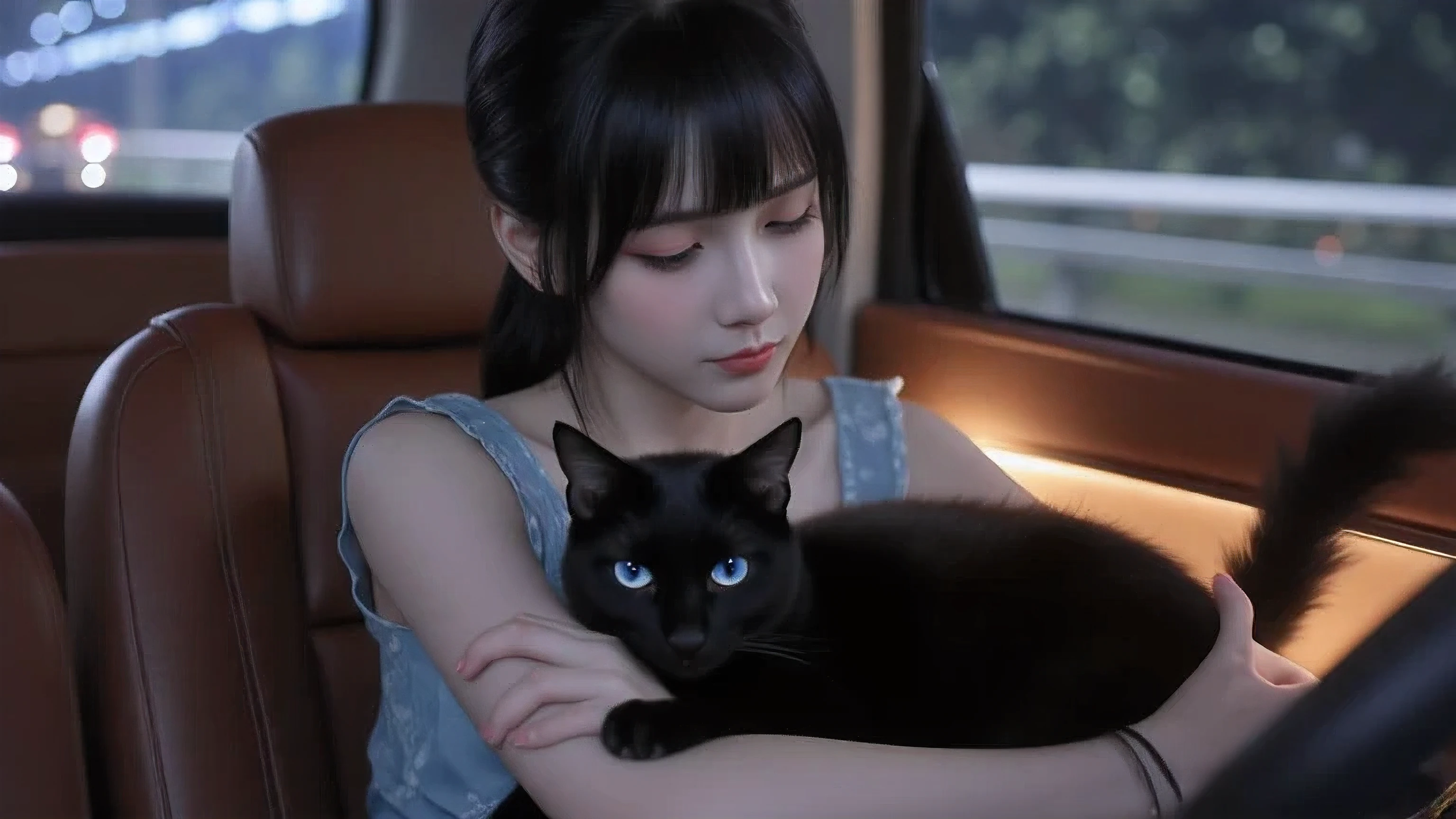Japanese woman and blue-eyed black cat in the car