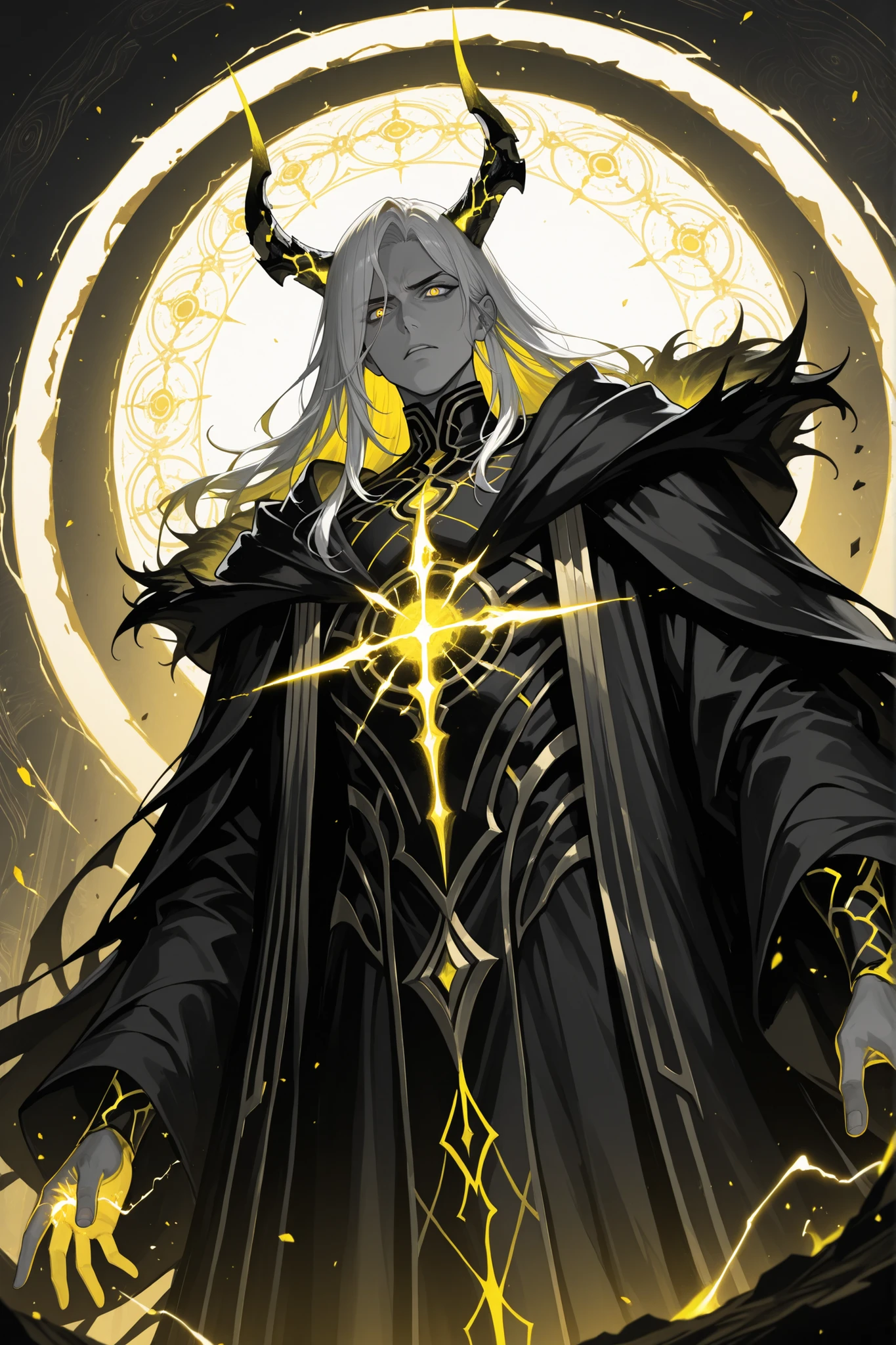 1boy, malevolent archmage, broken glowing horns, vibrant yellow eyes, white windswept hair, dark flowing robe with gold filigree, extreme close-up, focus on intense eyes and crackling energy, shadowed background with electric currents, anime illustration, best quality, spot color, masterpiece, newest, absurdres, incredibly absurdres, abstract background, concept art, depth of field, volumetric lighting, dynamic angle, epic composition, epic proportion, best quality, amazing quality, very aesthetic, detailed background, detailed environment