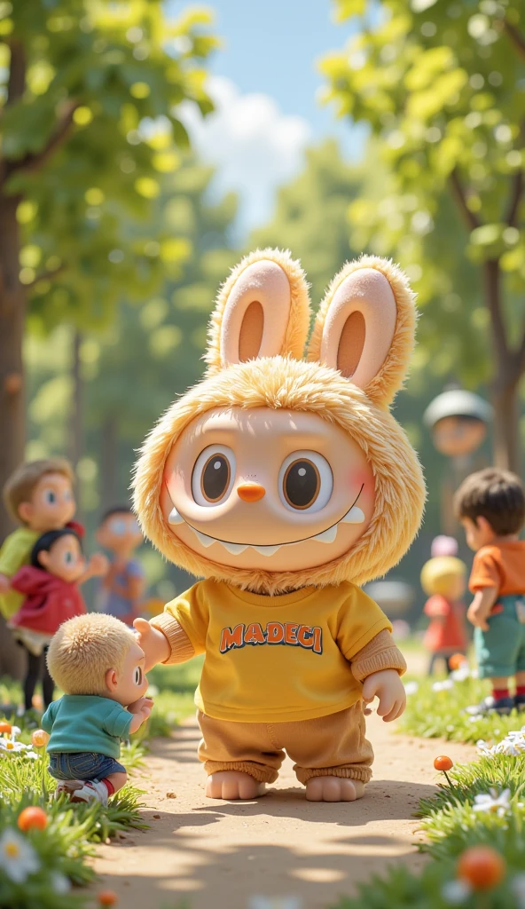 Labubu Look Labubu smiles warmly at his tiny friends, who look up at him with ...