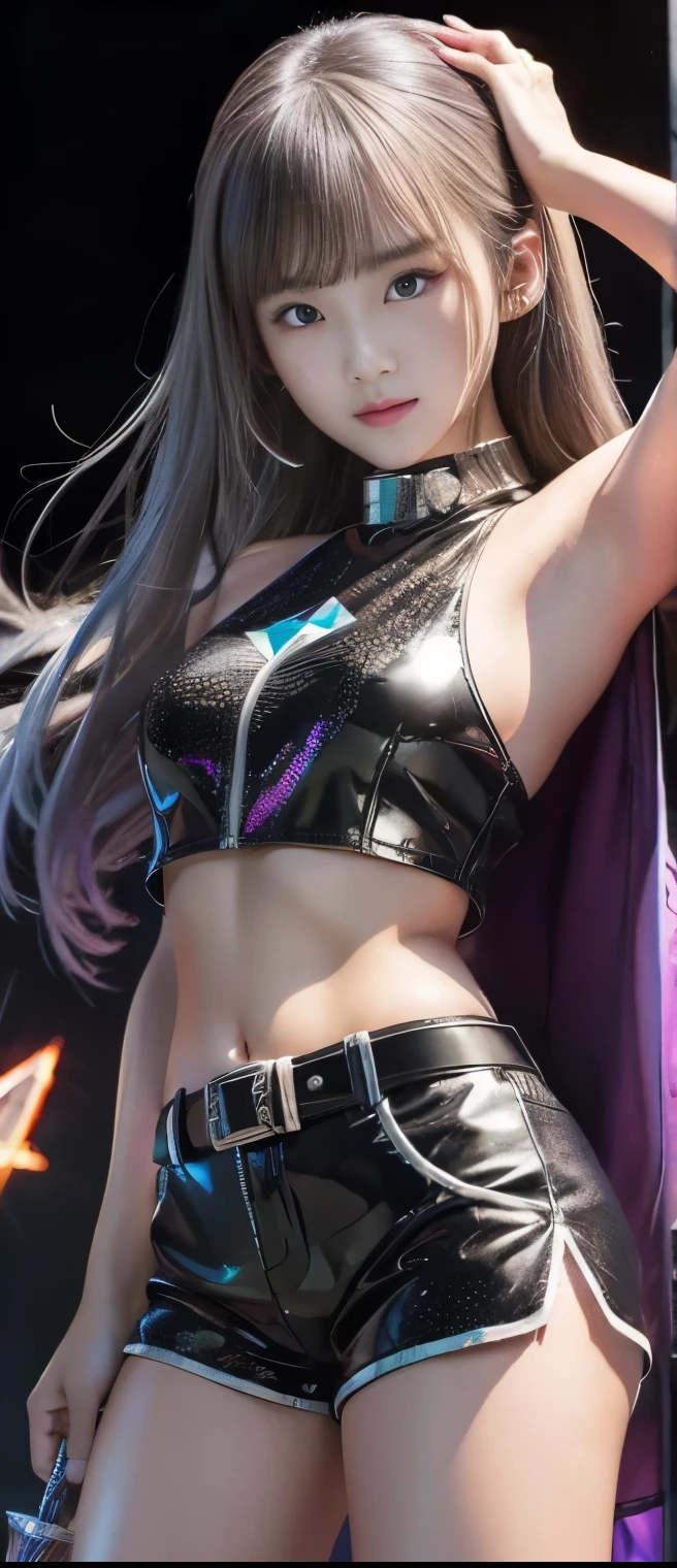 Flashy Idol Girl 、A pure girl's face、 hypo、、Black Sequin Tight Shorts、Silver Armor Jacket、Glowing Diamond Sword、Diamond Belt
