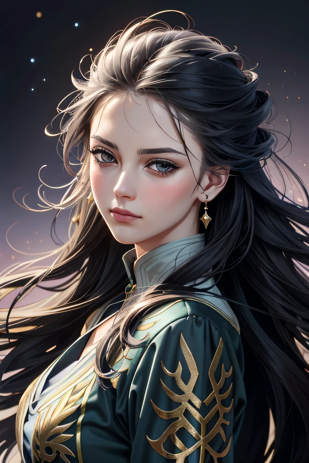 Art of a hyperrealist woman influenced by classical oil painting and baroque art, but with a modern and softened hyper-realistic. young and beautiful, wearing a long and modest dress with ethereal details. The iridescent fabric reflects lights in shades of blue, purple and gold, with small bright spots. Her hair flows smoothly, with shimmering reflections , and your expression conveys serenity. The background is dreamlike, with vibrant colors and floating luminous elements, creating a dream effect. The digital painting art style, soft brushstrokes and enchanted shine.
