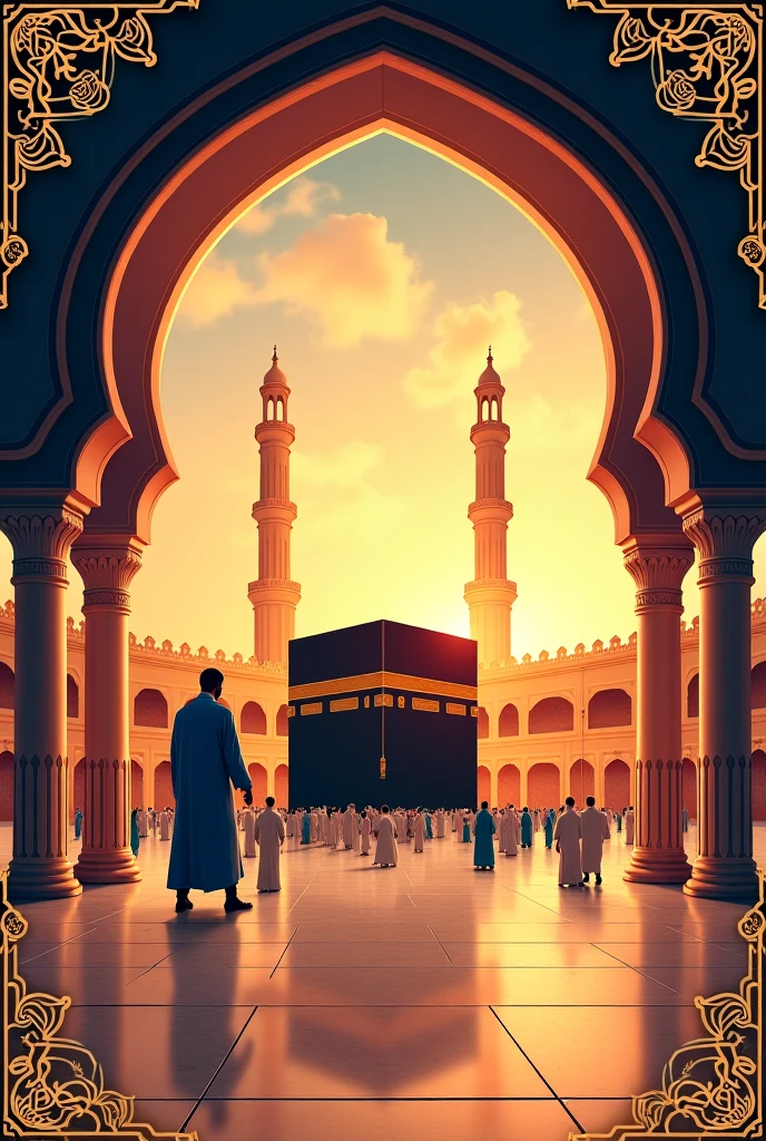 Kaba, al aqsa, mosjide nobobi. These 3 mosques are alltogether in one frame. Cartoon painting style. Beautiful concept