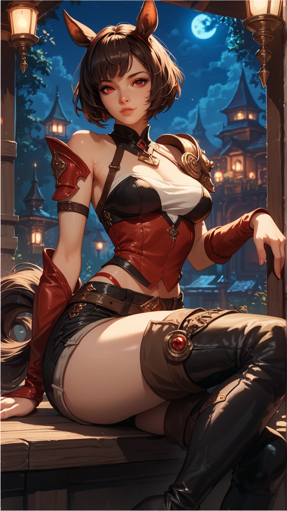 perfect eyes , perfectly sexy face , border, looking at the viewer, red eyes, short hair, dark brown hair, wide hips, animal ear, horse ears, tail, shorts, thigh boots, short top, apenas_shoulder, Fantasy, night, sitting,