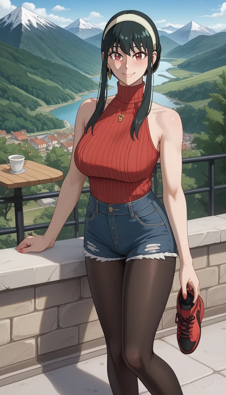 score_9, score_8_up, score_7_up, source_ anime、Highest quality、8k、 masterpiece、Ultra High Definition、natural light、perfect anatomy、 one woman、saggy breasts、(Yor Forger)、 dark hair、、 cute face、Happy face、( sleeveless rib knit、 high neck、denim shorts:1.2)、Pantyhose、Sneakers、((mountainous region、Rocky Mountain))、through the village