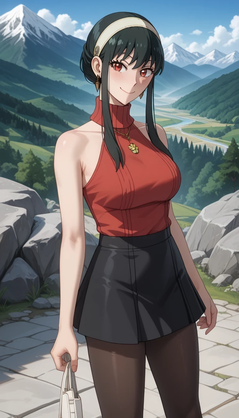 score_9, score_8_up, score_7_up, source_ anime、Highest quality、8k、 masterpiece、Ultra High Definition、natural light、perfect anatomy、 one woman、saggy breasts、(Yor Forger)、 dark hair、 cute face、smile、( sleeveless rib knit、 high neck、Micro Mini Skirts:1.2)、Pantyhose、Sneakers、((mountainous region、Rocky Mountain))、through the village