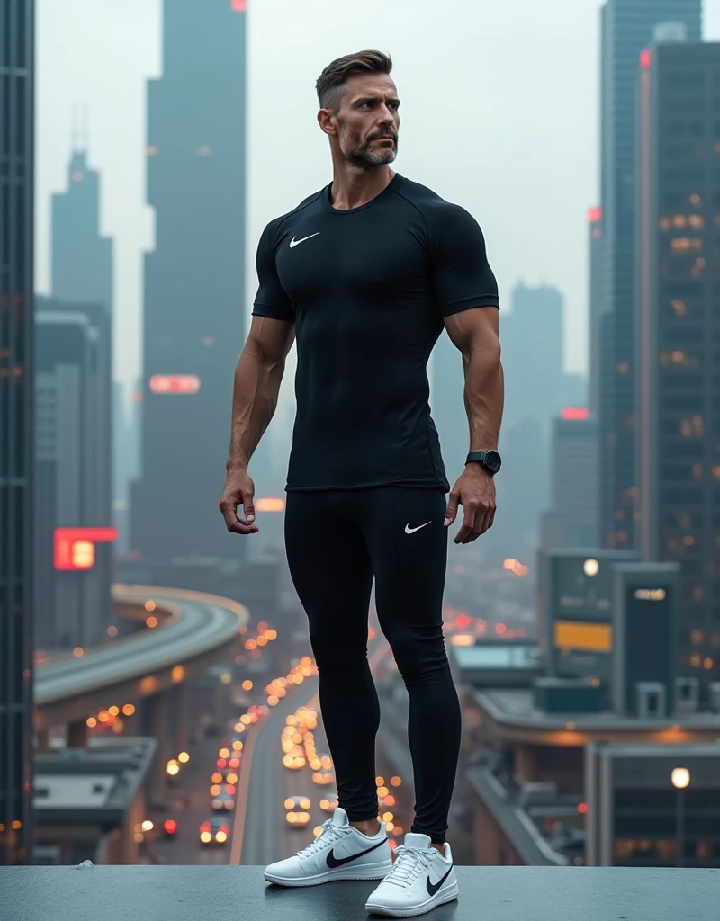 analog film photo of 1man, (COMPANIONNIKITA:1)facial hair posing outdoors sitting on a ledge on top of a building, five fingers, natural light, sunlight, legs hanging, wearing compressions shirt and leggings, running sneakers, steel beams, faded film, desaturated, 35mm photo, grainy, vignette, vintage, Kodachrome, Lomography, stained, highly detailed, found footage, <lora:ManCompanion_Nikita:.7>