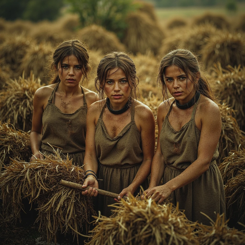 The girls are serf workers of the workhouse, young and beautiful, but exhausted by unbearable hard labor, like jaded animals, intimidated and beaten, barefoot in torn shirts made of coarse canvas and skirts made of burlap, barefoot, their hair is disheveled, not washed for a long time, sweaty, drops of sweat on their face and body, heat stuffiness, many details hyperrealism, gloomy the atmosphere, hopelessness and hopelessness