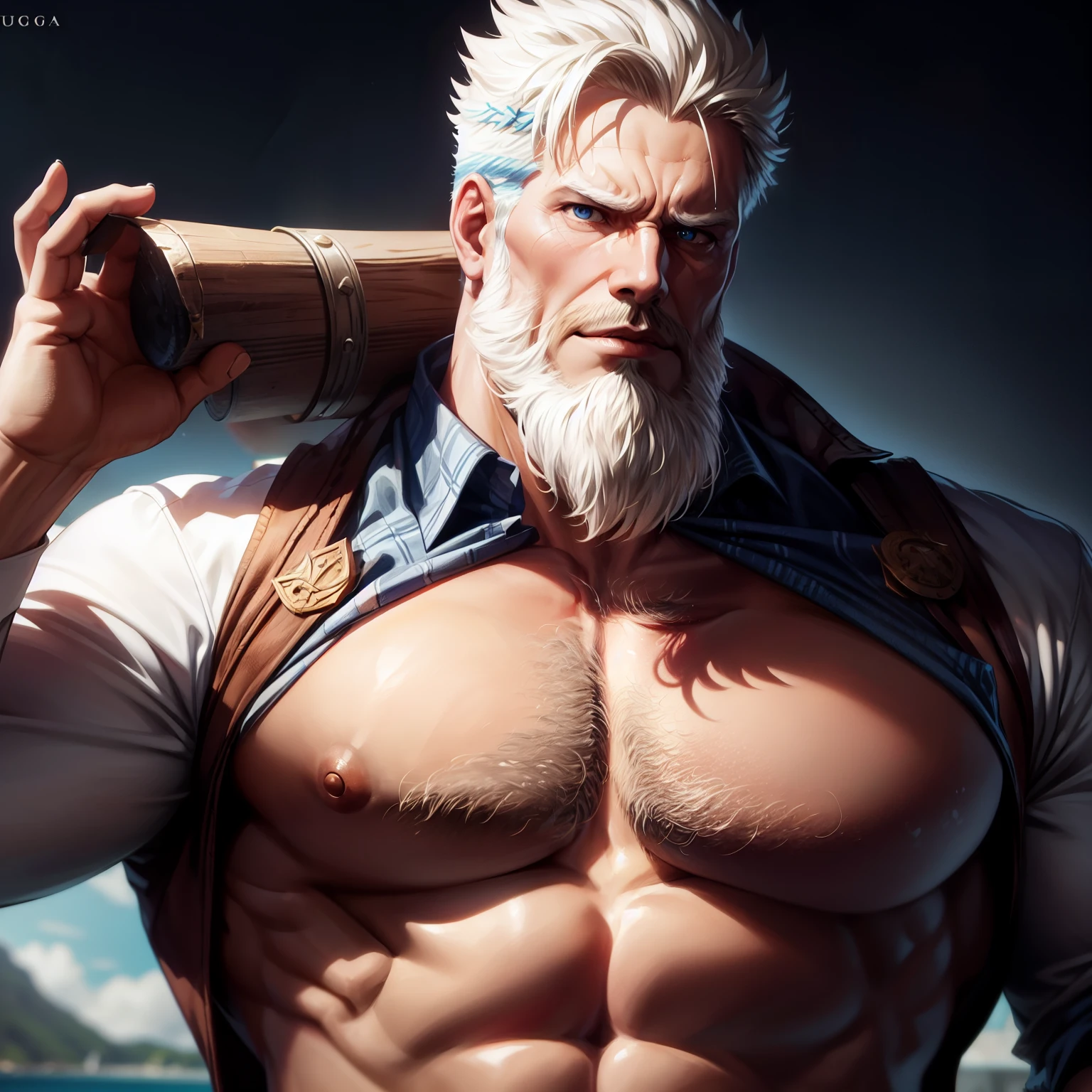 A old aegir, very nervous, 50 years old, wearing a open formal shirt, vestindo uma sunga muito pequena e apertada, large pectorals, Wonderful masterpiece highly detailed, beautiful cinematic light deep focus, elegant, sharp focus, dramatic lighting, 8k, pixiv, only