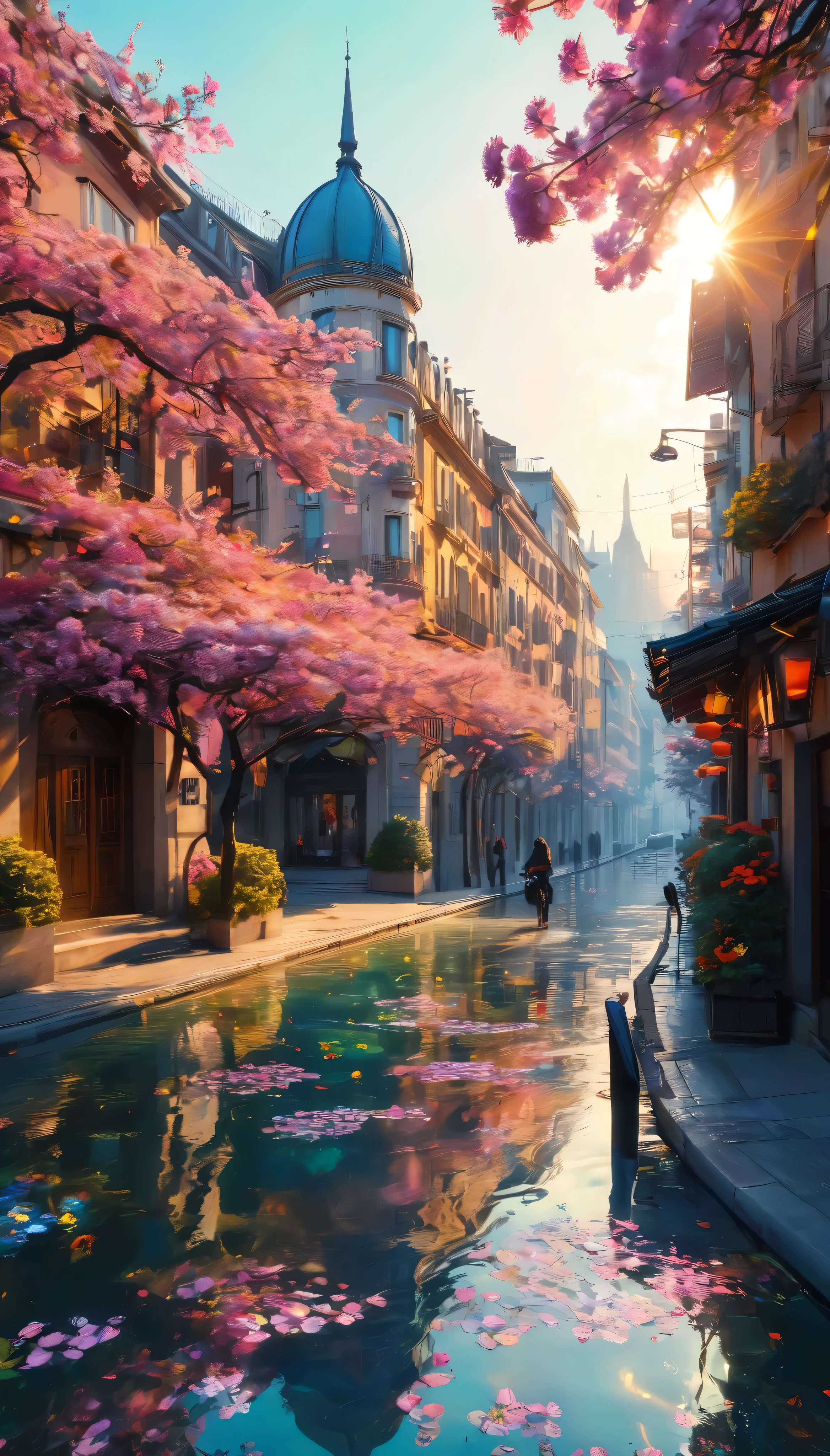 highdefinition images 、Milan's Streets、 people looking down、 Flowers and trees々The beautiful city of、Magical Beings and Mysterious Colors Hidden in Tree Branches 、 8k 、 ( High Quality Seven Colored Flowers ) A City Full of Fantasy 、 Soft Sunrise in Milan。