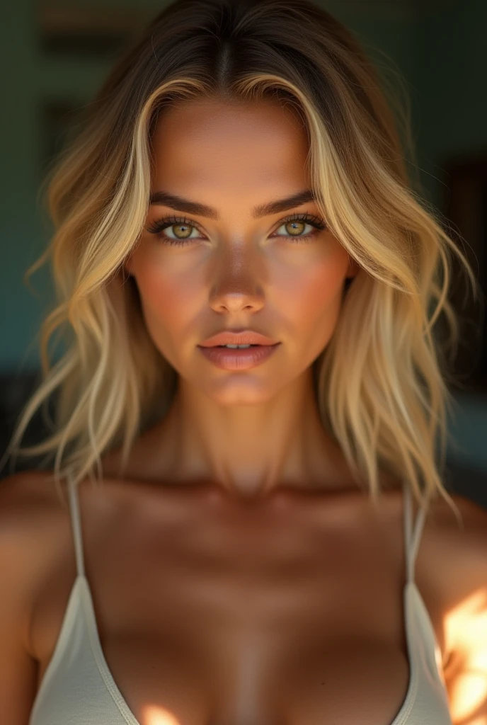 realistic blonde 25years old, brown eyes, middlelong lightly curved hair,hyper realistic face, thin lips, tanned skin, showing her black bikini