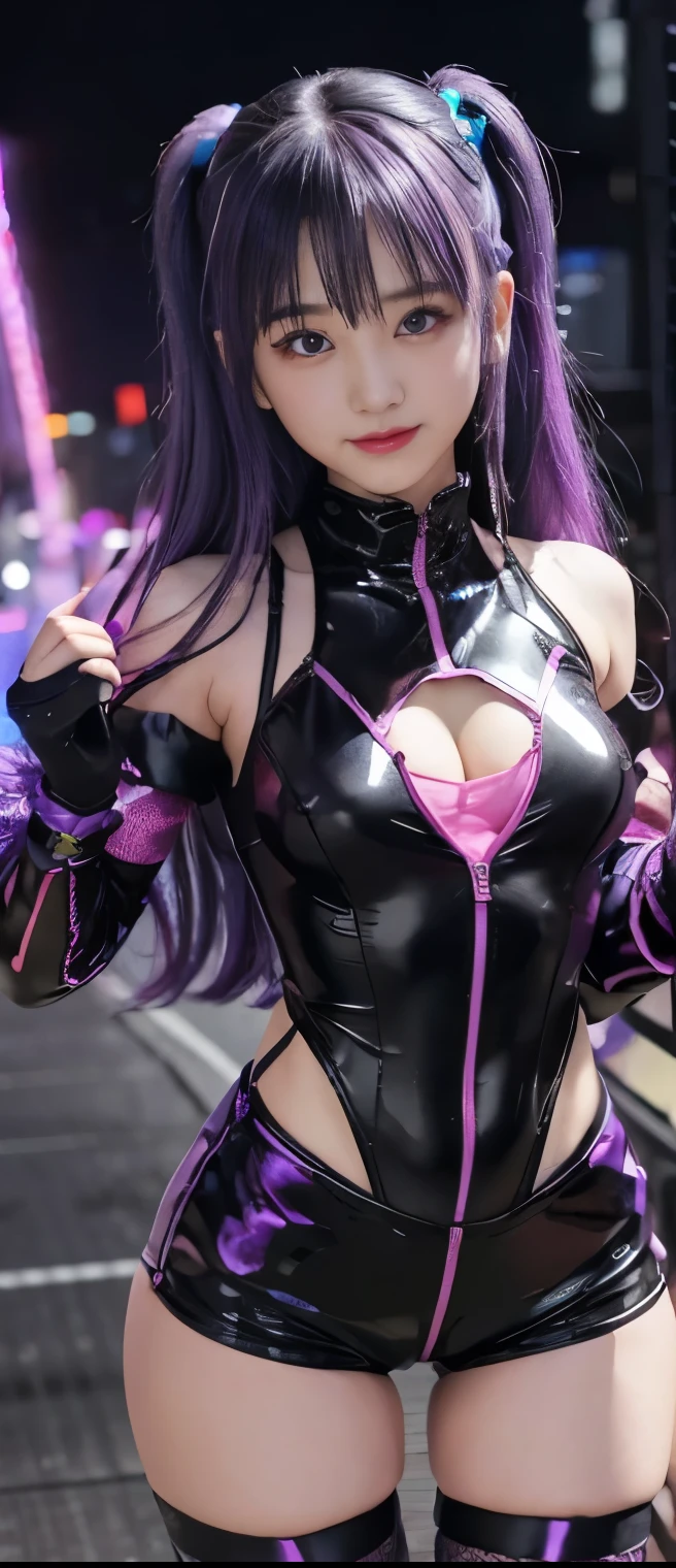 young, A beautiful Japanese actress wearing a villain costume inspired by a female devil.. The costume is a shiny body suit with a pink and purple color scheme.. her headpiece and makeup、A unique design with the theme of lipstick and cosmetic bottles.。, With headpiece. Characterized by villain-like makeup, With bold lipstick and dramatic eyeshadow. she is smiling charmingly, Captures the essence of a charismatic but dangerous character, action combat pose. At night, outdoor, town.
