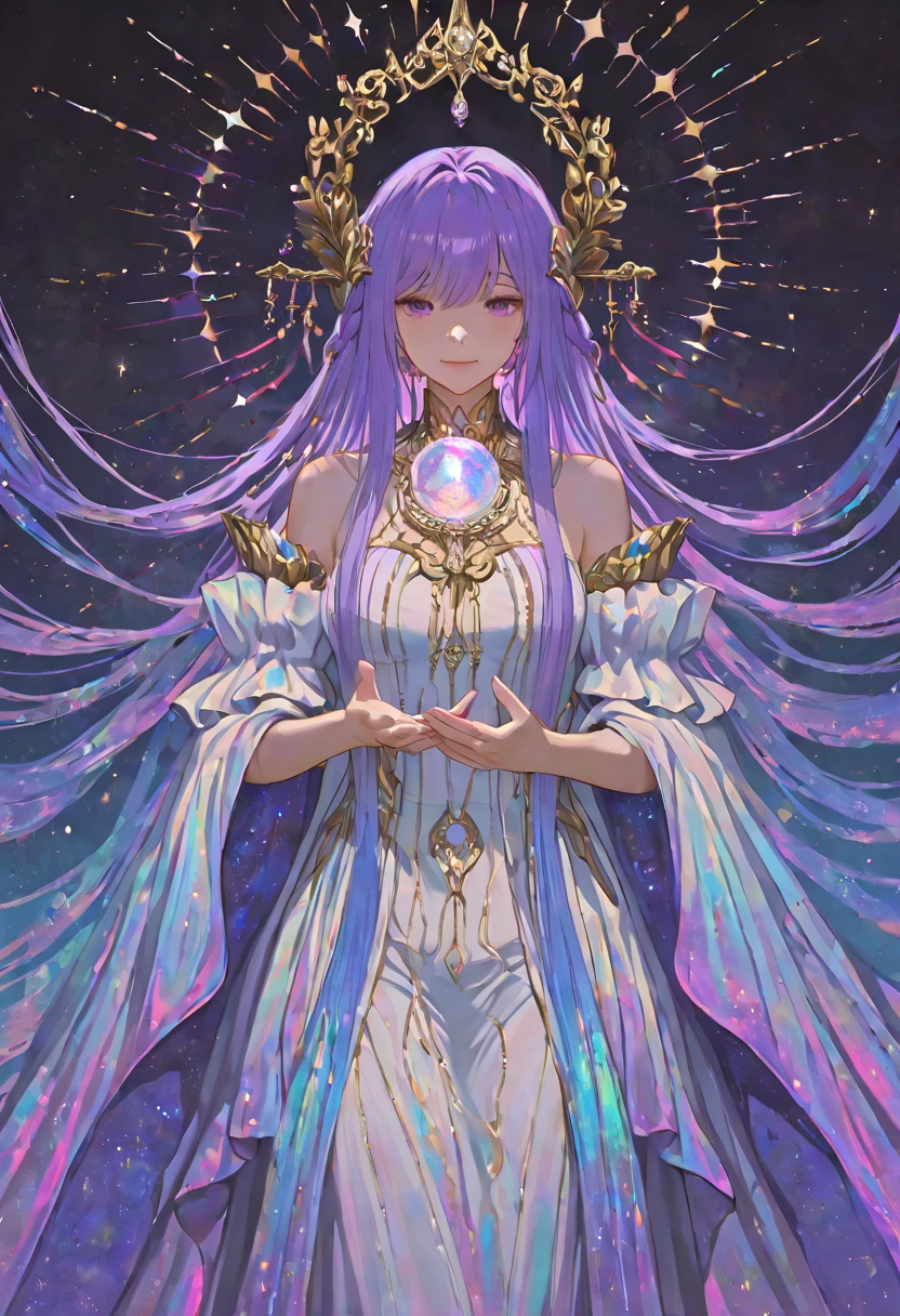 full body,goddess,purple color, detail2eye, low contrast, desaturated, blur, noise,purple hair,purple eyes,holy light,smile,magic circles