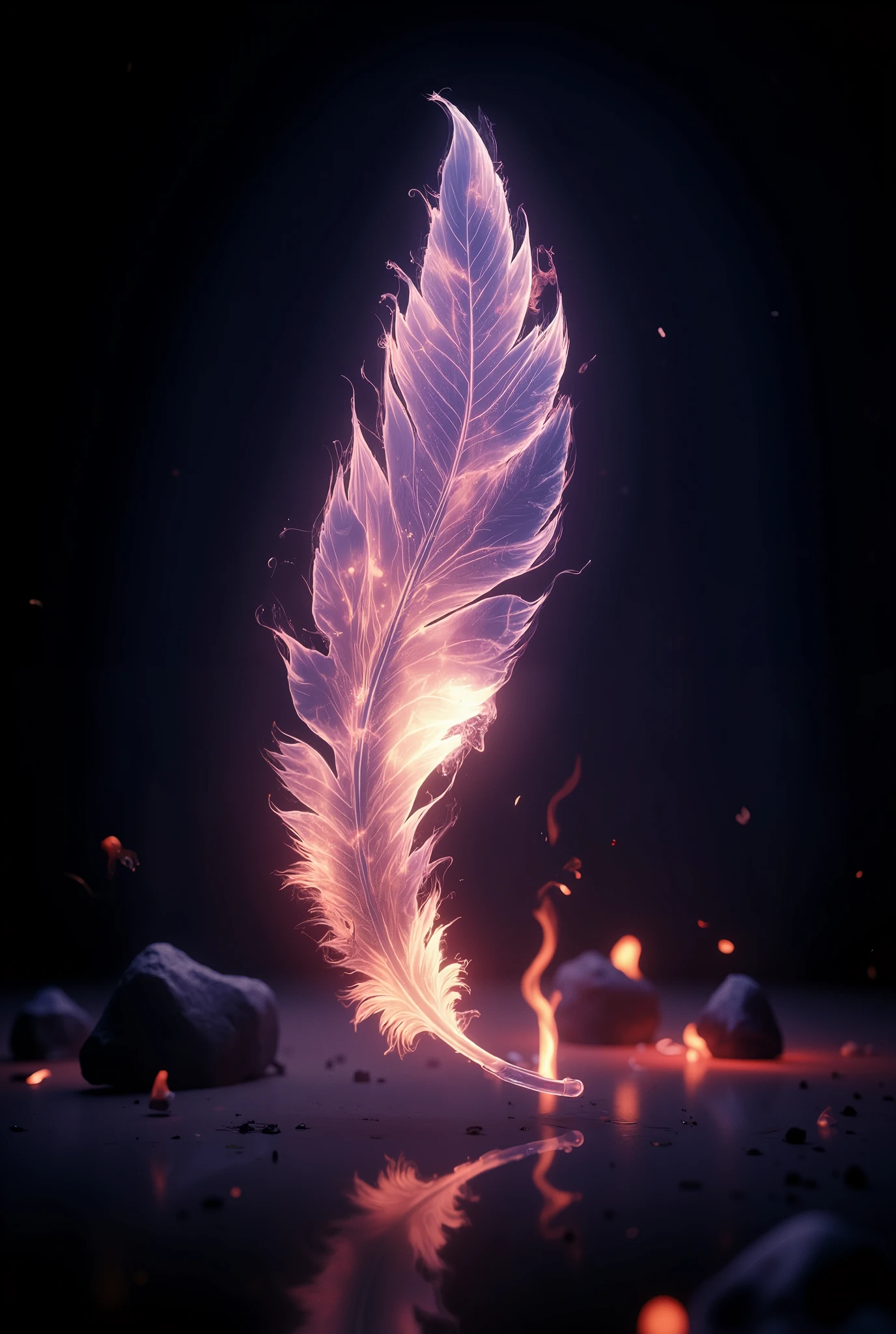 digital art photography of a phoenix feather floating and its reflection, see through feather, detailed feather, glowing light, fire burning around feather, dark background, intricate detailed